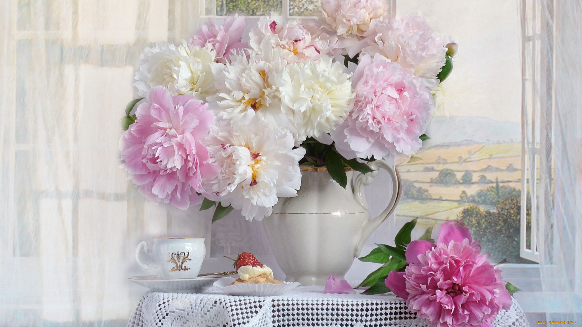 цветы, пионы, букет, ваза