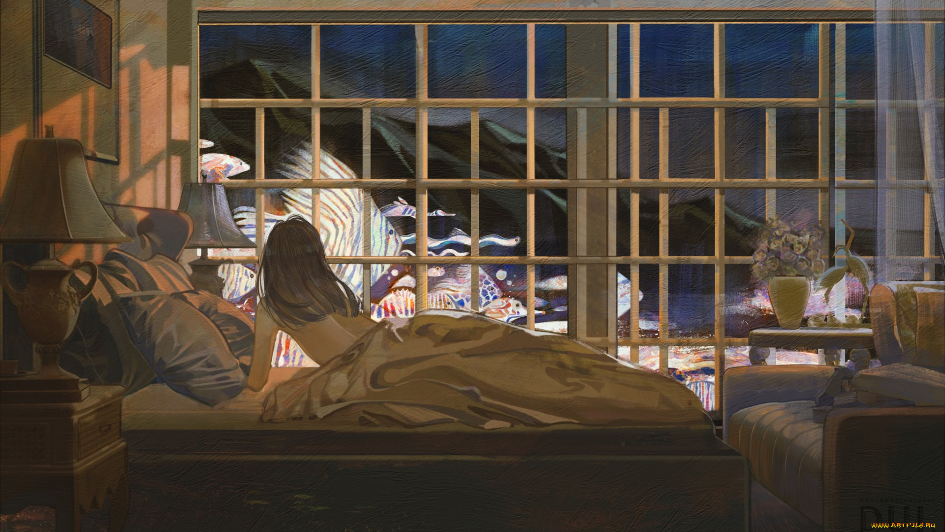 фэнтези, девушки, девушка, постель, окно, горы, рыбы