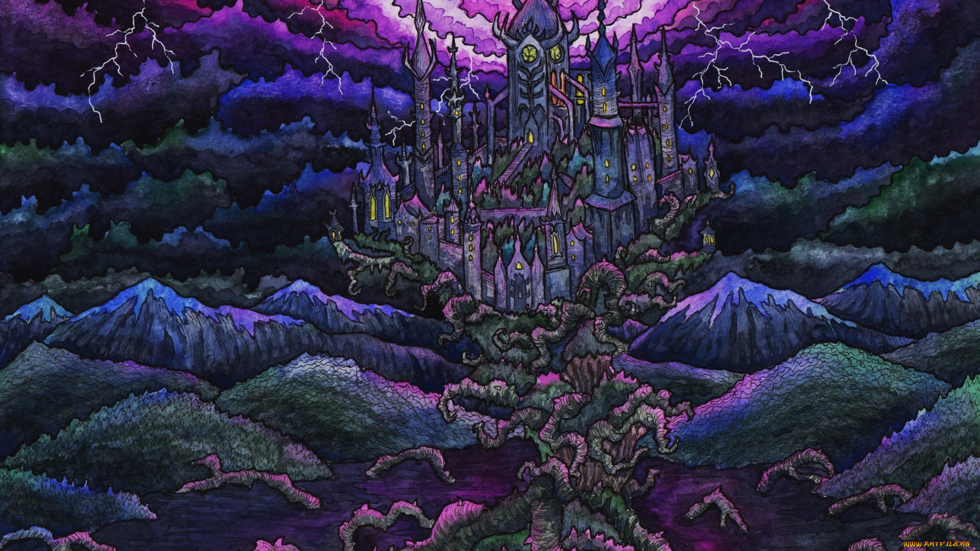 фэнтези, замки, замок, корни, холмы