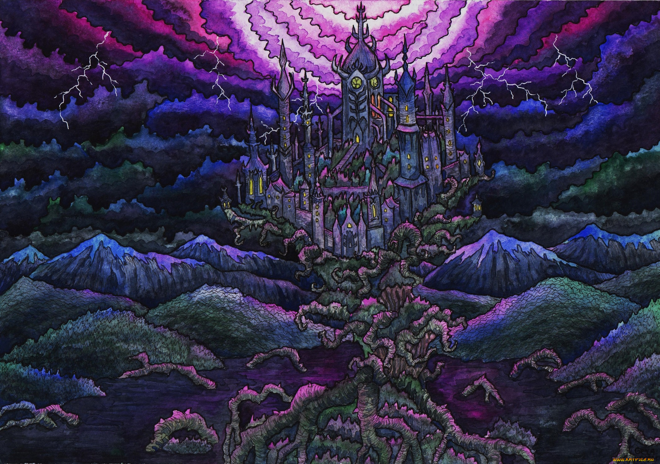 фэнтези, замки, замок, корни, холмы