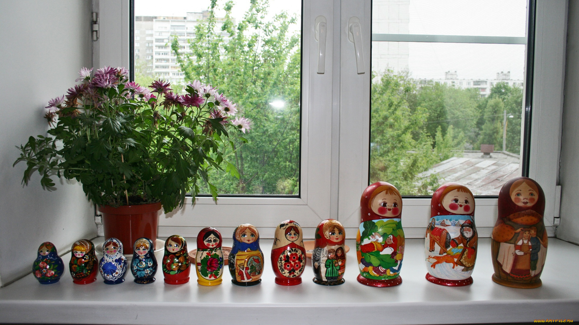 разное, игрушки, окно, букет, матрешки