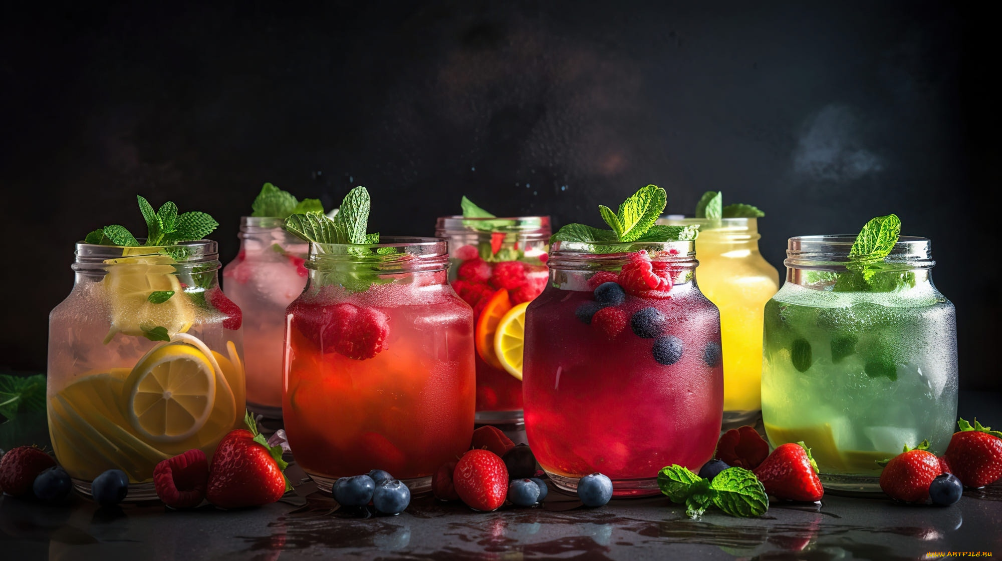 еда, напитки, клубника, черника, малина, мята, компот, лимон, ассорти