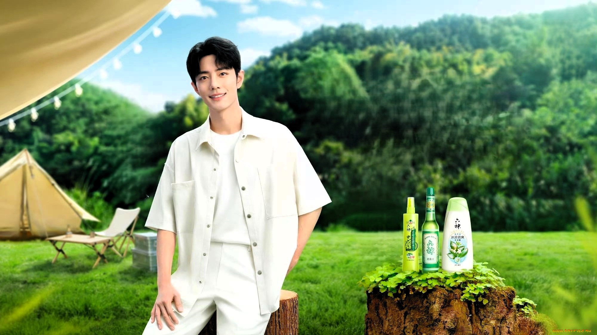 мужчины, xiao, zhan, актер, костюм, пень, косметика, палатка, лес