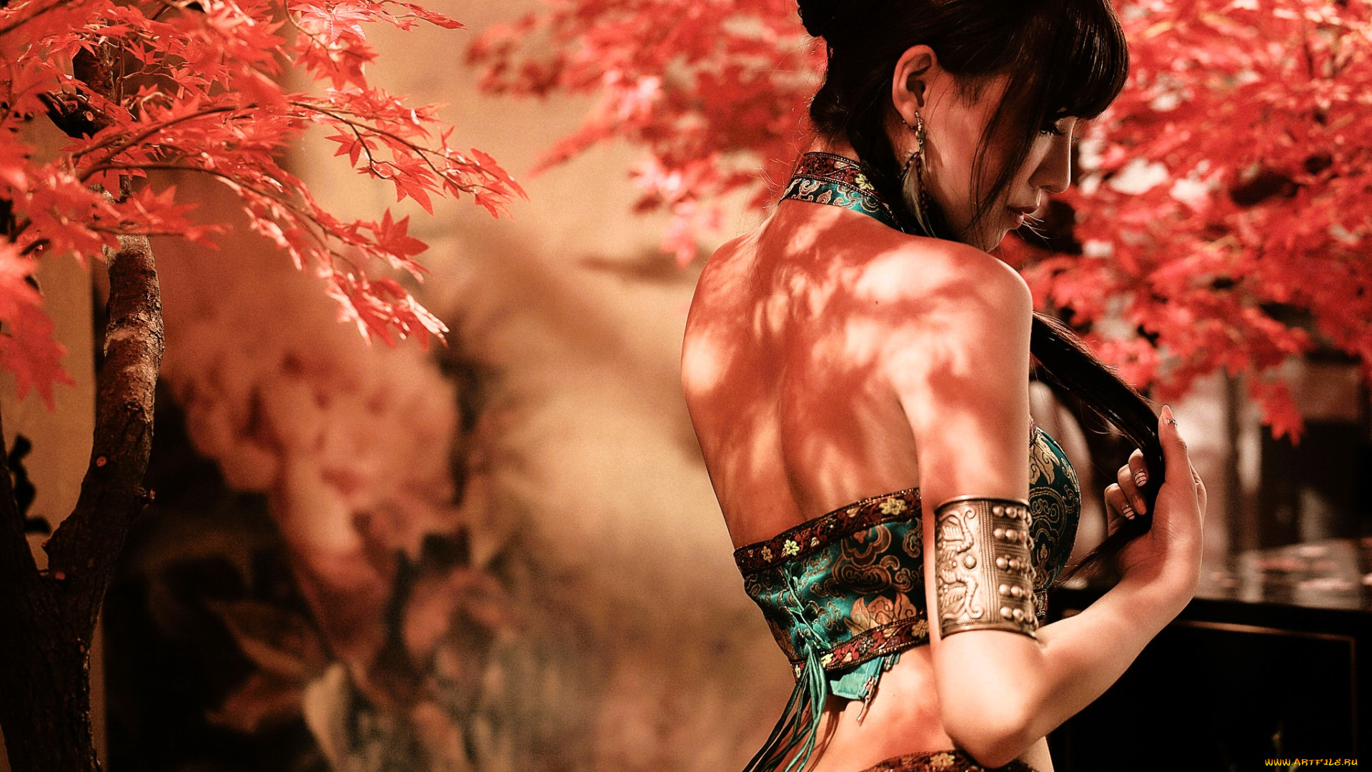 девушки, -, азиатки, брюнетка, наряд, осень, деревья