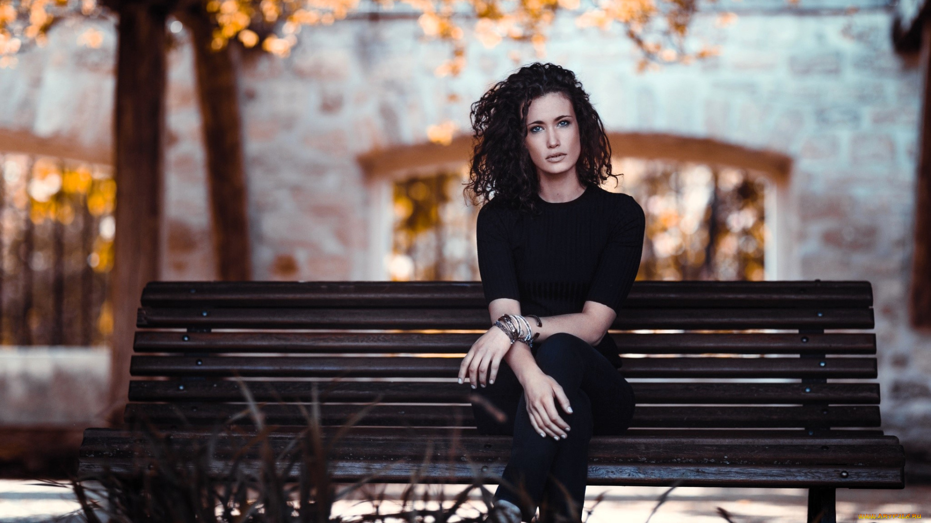 девушки, -, брюнетки, , шатенки, брюнетка, топ, браслеты, брюки, скамейка, деревья, осень, дома