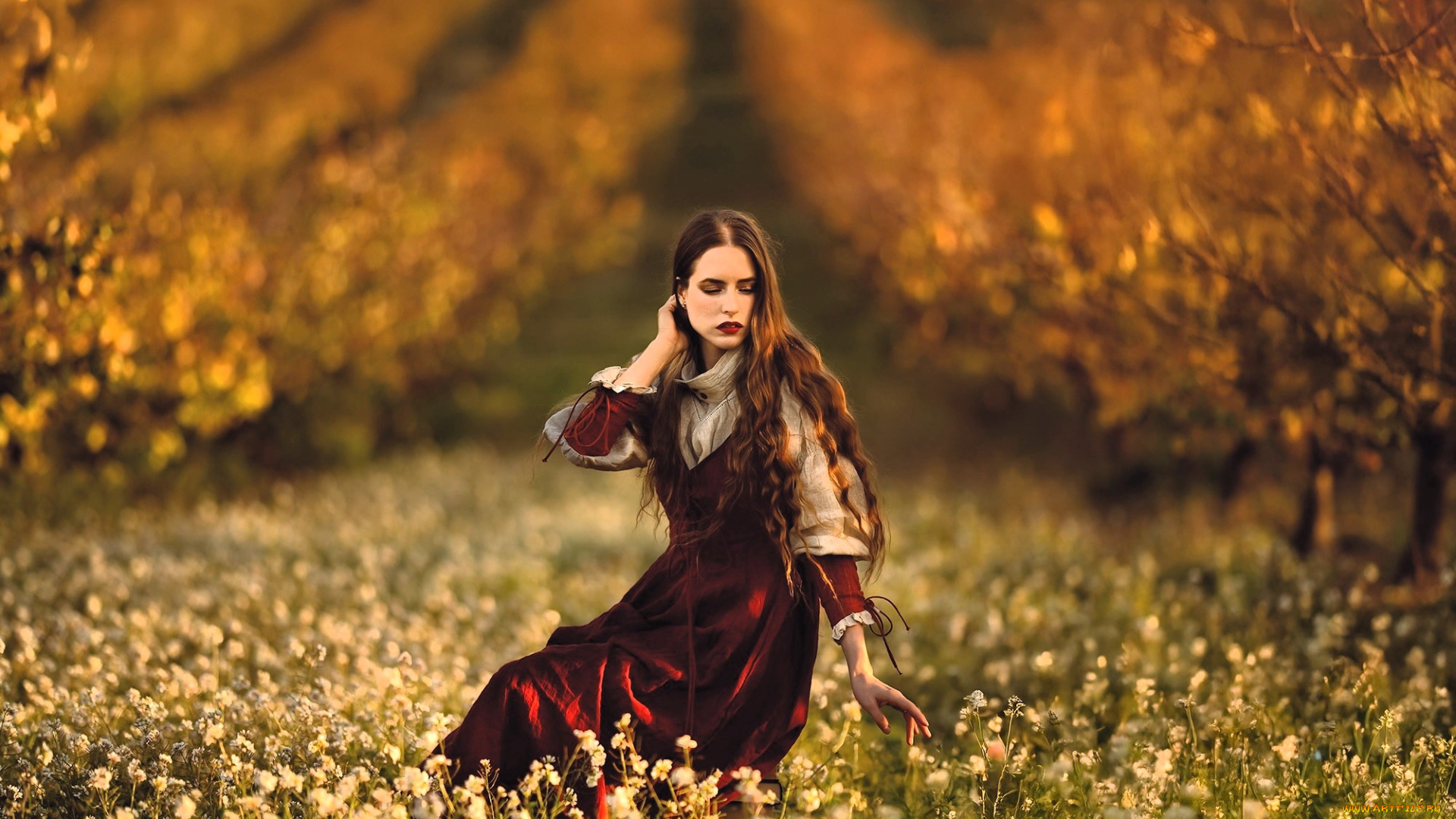 девушки, -, брюнетки, , шатенки, шатенка, платье, наряд, луг, сад, деревья