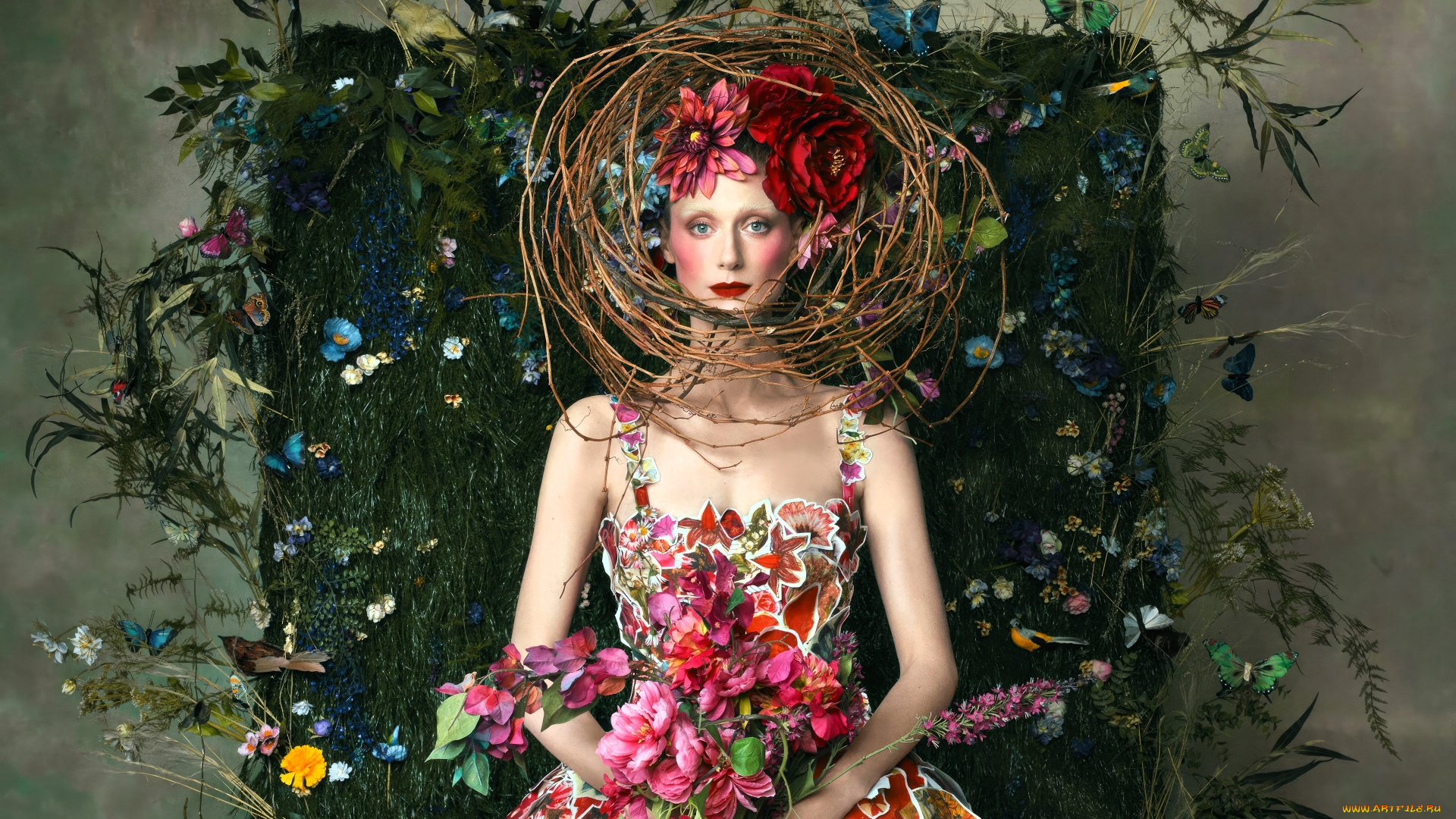 девушки, elizabeth, debicki, актриса, креатив, цветы, гнездо, наряд, платье