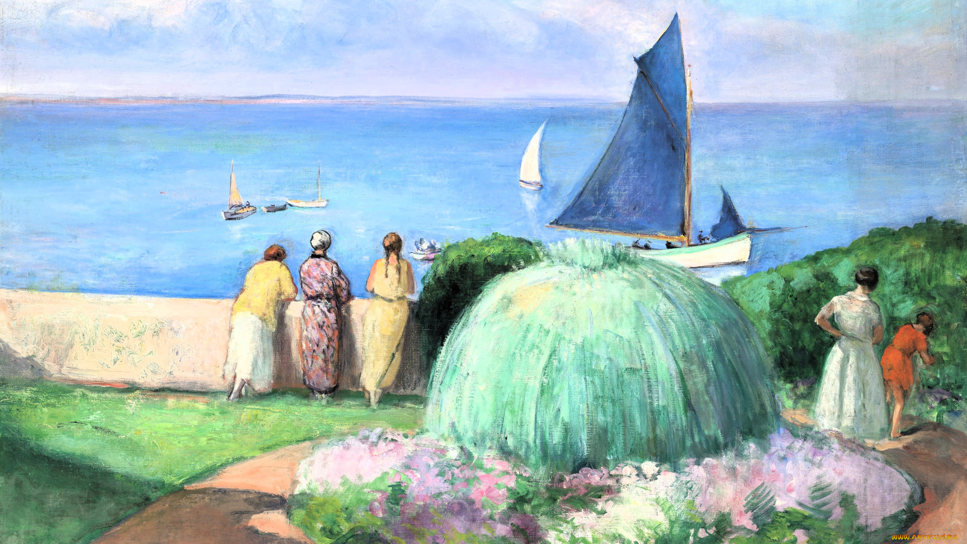 henri, lebasque, -, la, voile, bleue, prefailles, рисованное, henri, lebasque, женщины, сад, ограда, море, яхты