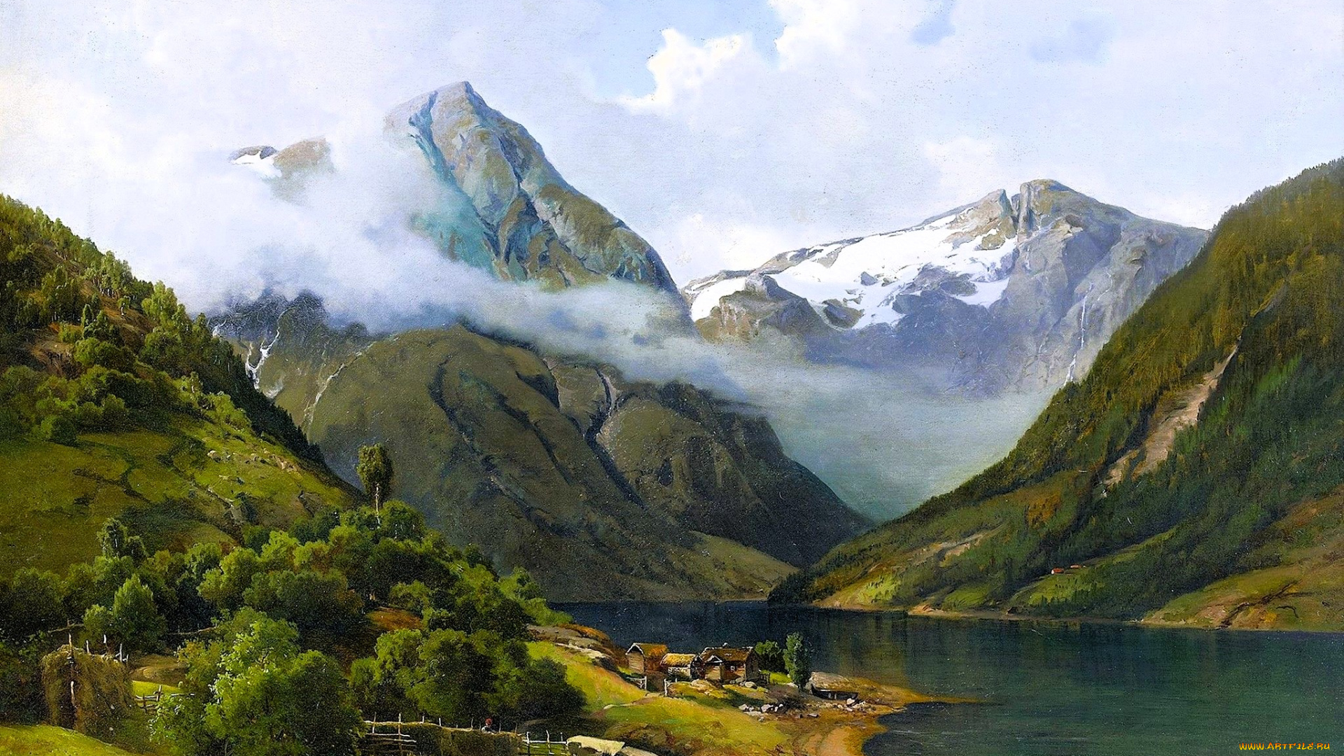 josefina, holmlund, fjord, landscape, with, farm, environment, рисованное, живопись, горы, река, дома, деревья