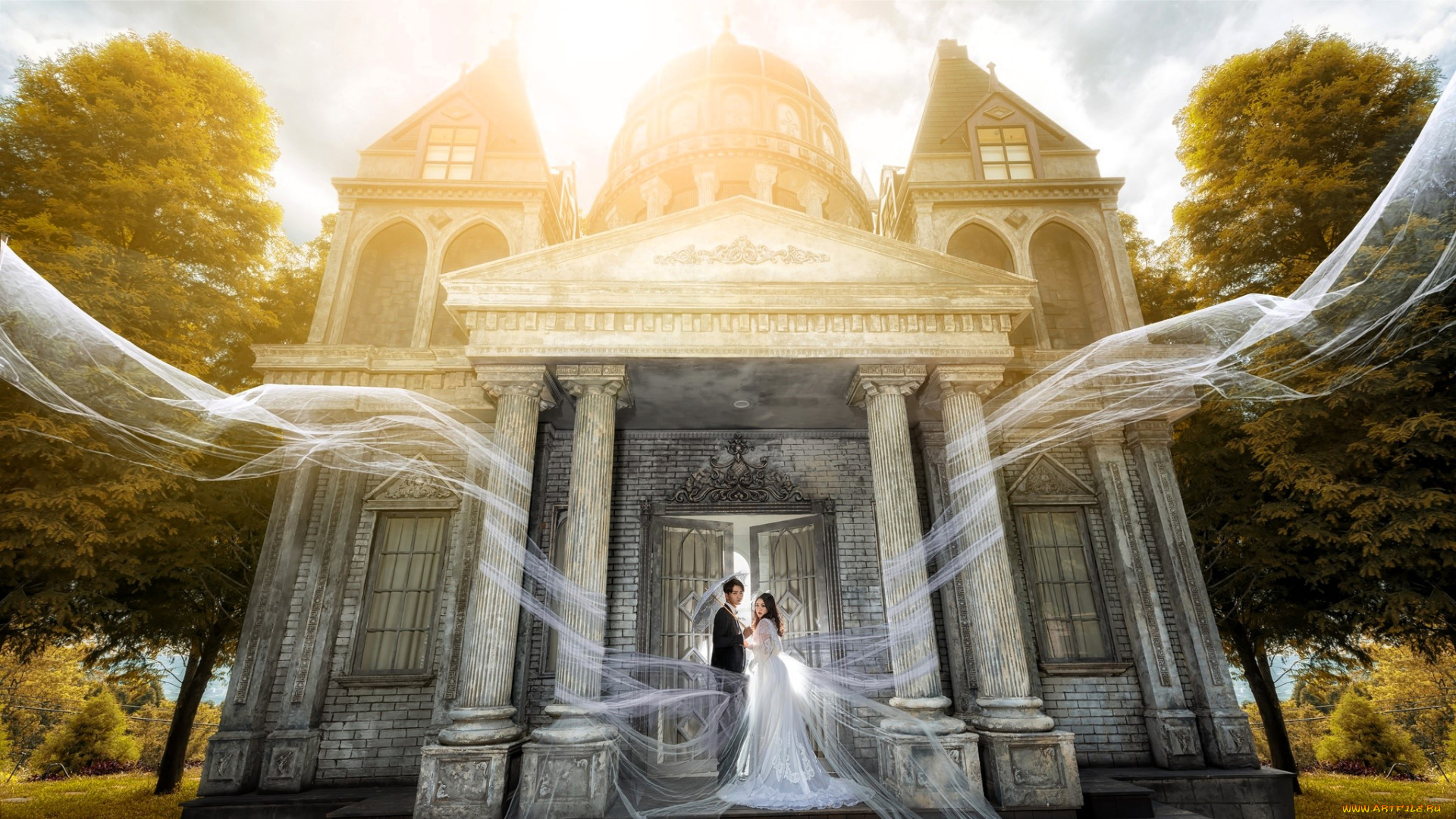 разное, мужчина, женщина, жених, невеста, шлейф, замок, парк