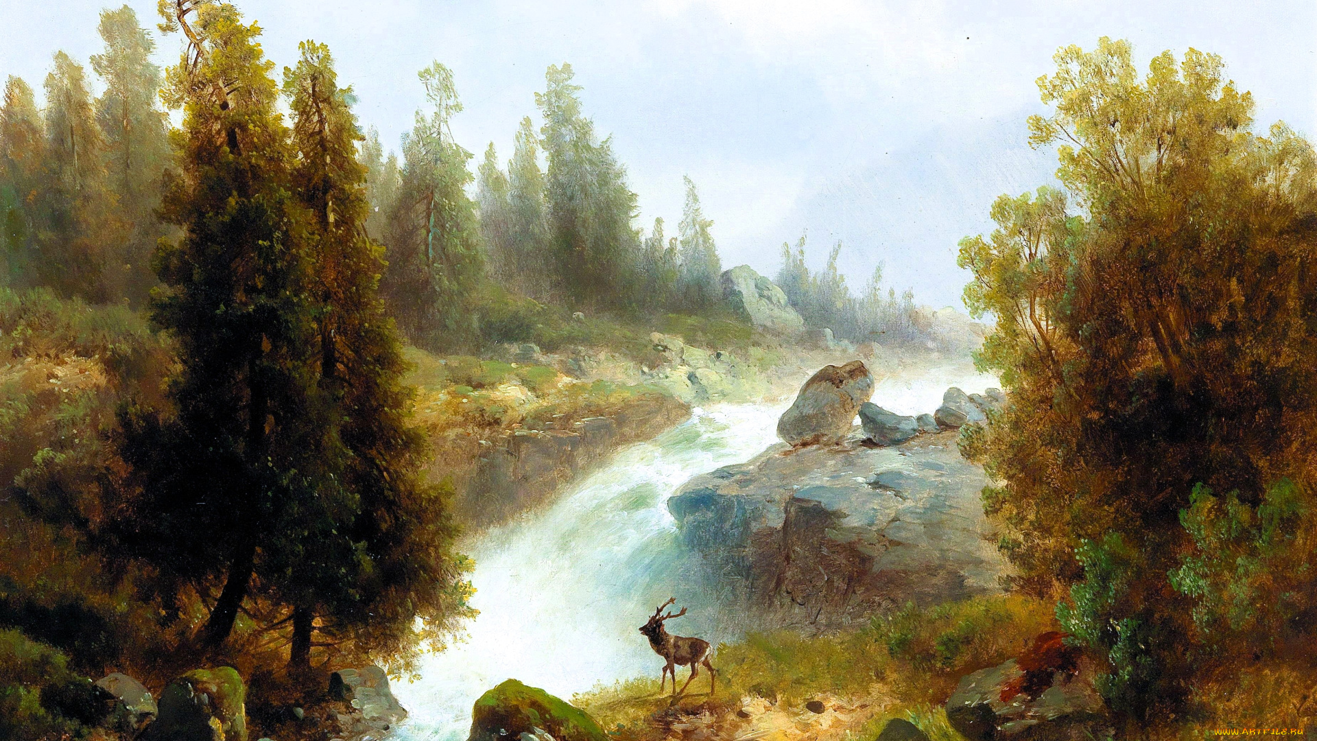 рисованное, josef, thoma, лес, деревья, река, осень, камни, олень