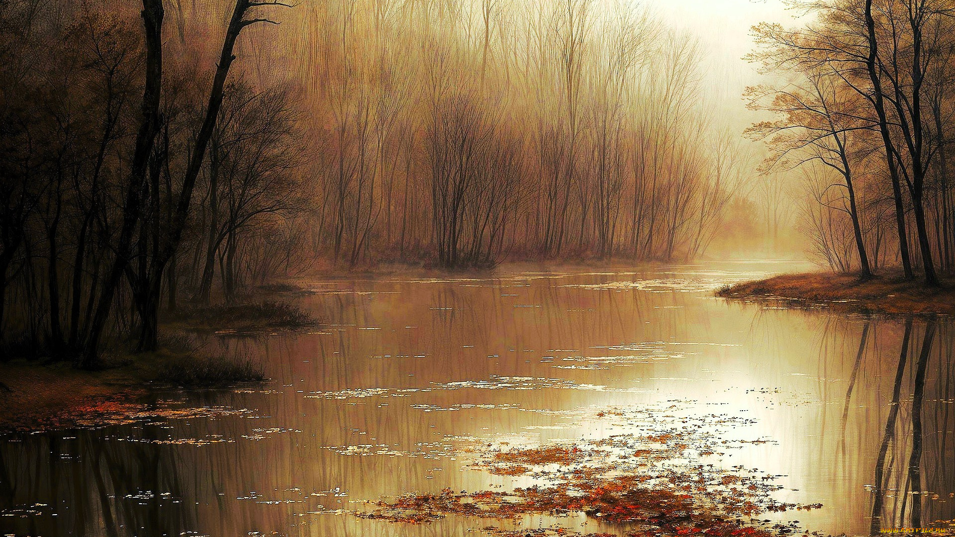 рисованное, природа, деревья, река, туман, лес, листья, осень