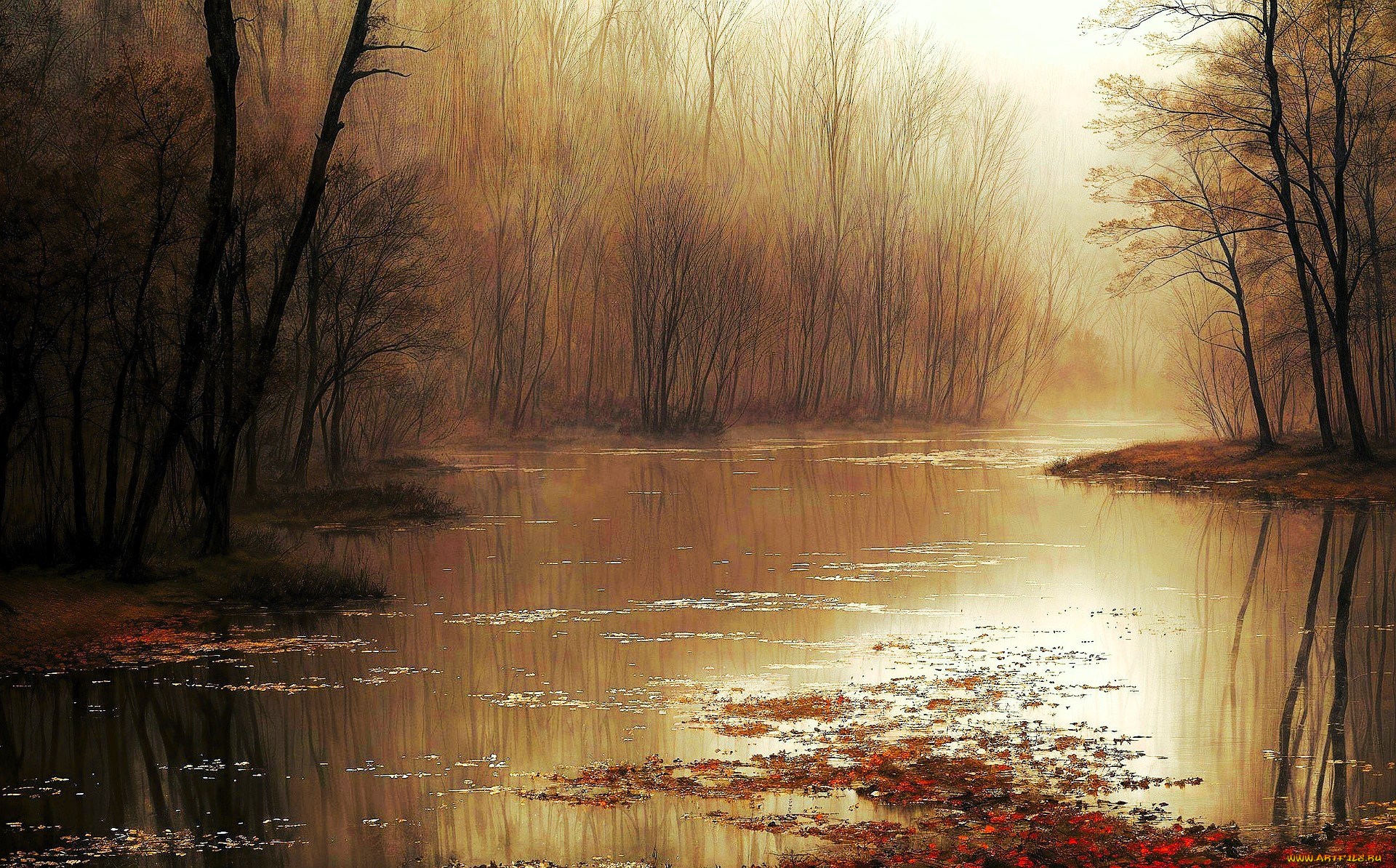 рисованное, природа, деревья, река, туман, лес, листья, осень