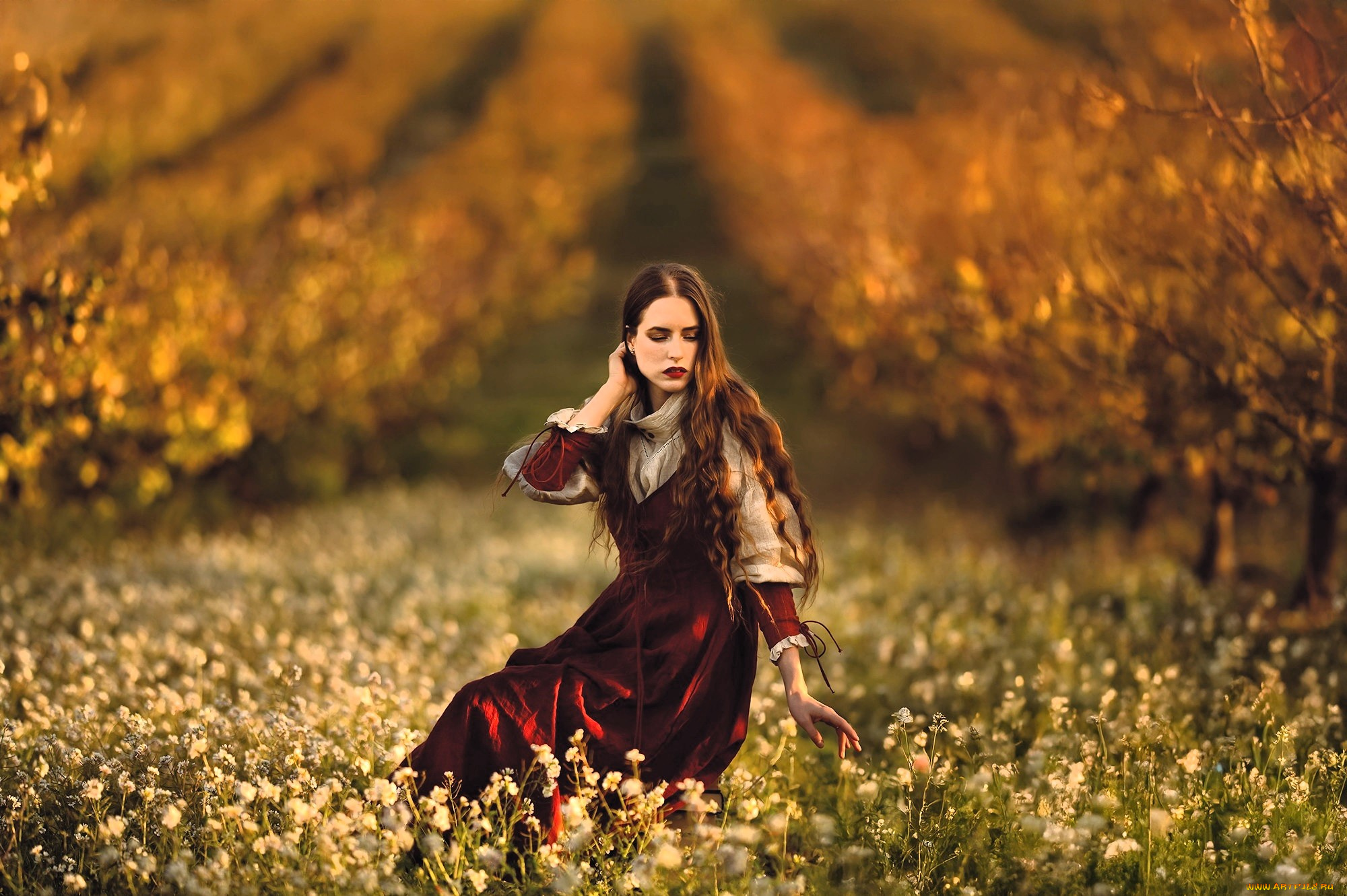 девушки, -, брюнетки, , шатенки, шатенка, платье, наряд, луг, сад, деревья