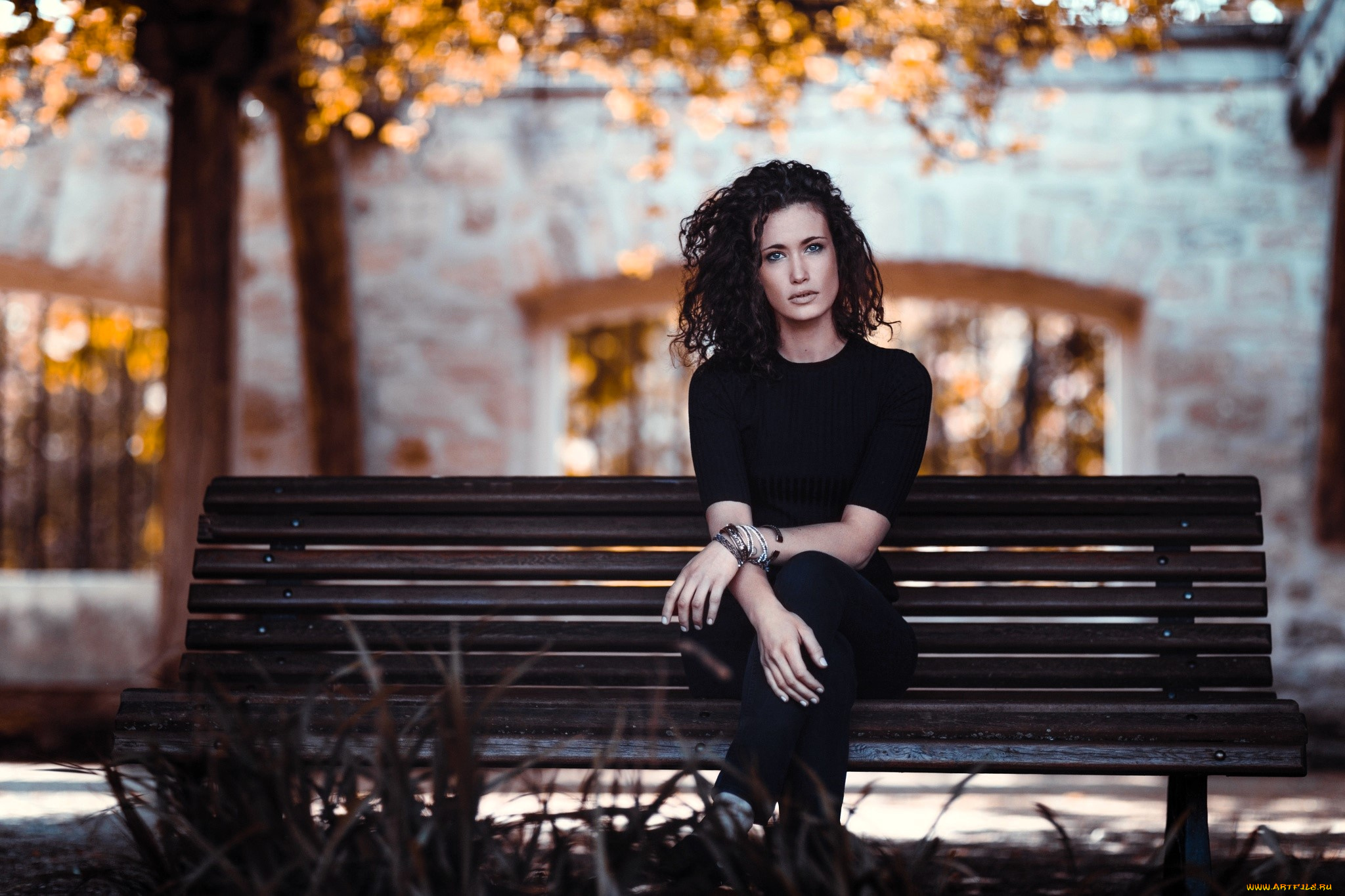 девушки, -, брюнетки, , шатенки, брюнетка, топ, браслеты, брюки, скамейка, деревья, осень, дома