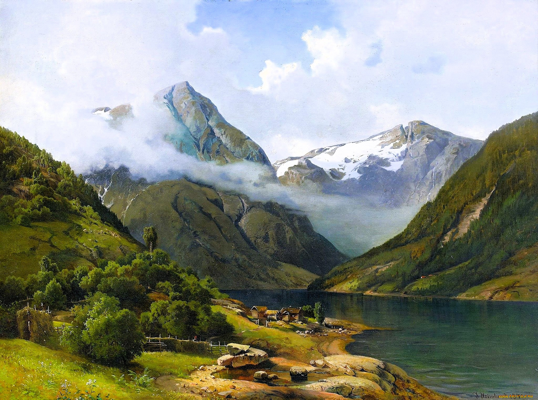 josefina, holmlund, fjord, landscape, with, farm, environment, рисованное, живопись, горы, река, дома, деревья