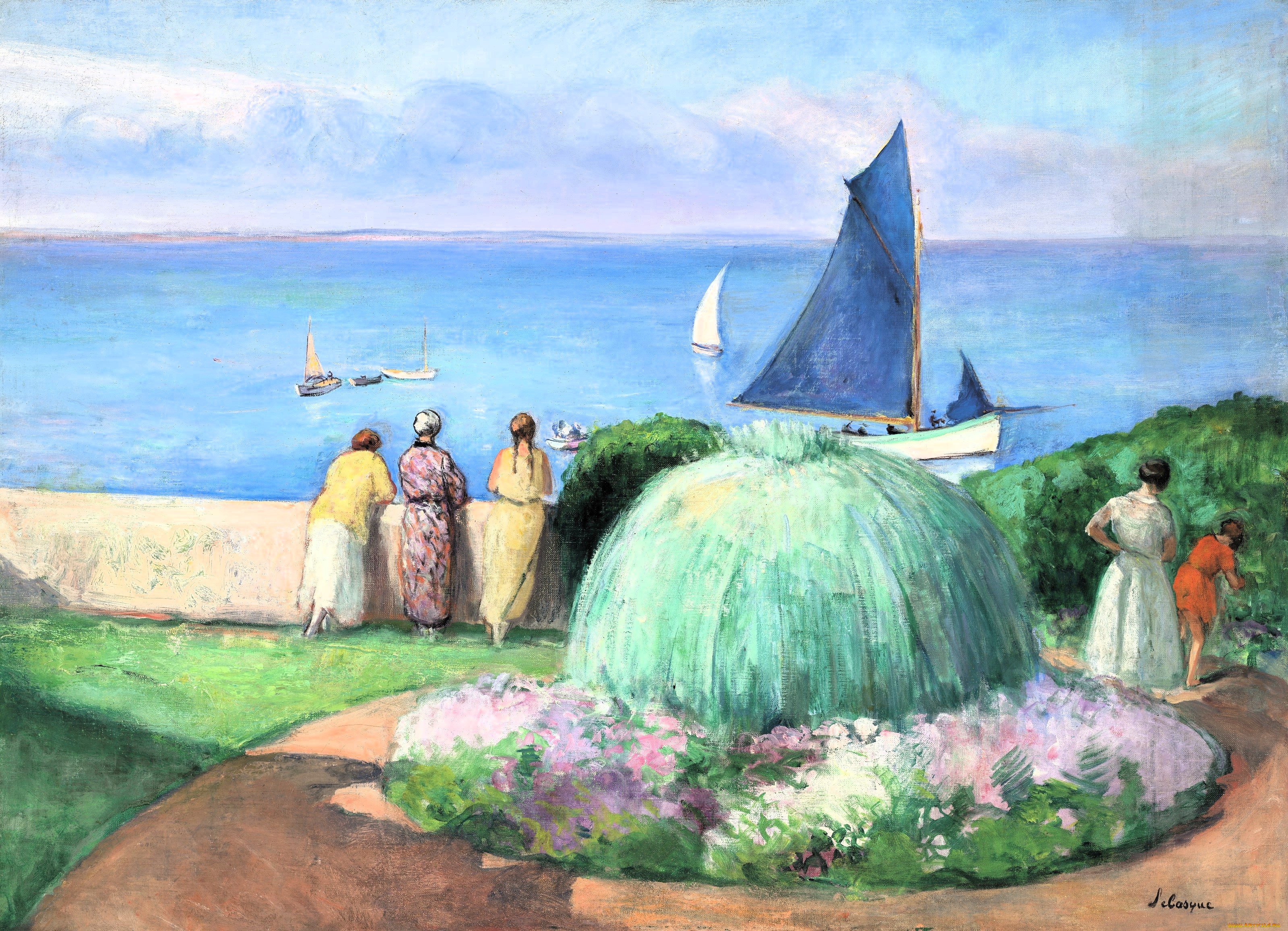henri, lebasque, -, la, voile, bleue, prefailles, рисованное, henri, lebasque, женщины, сад, ограда, море, яхты