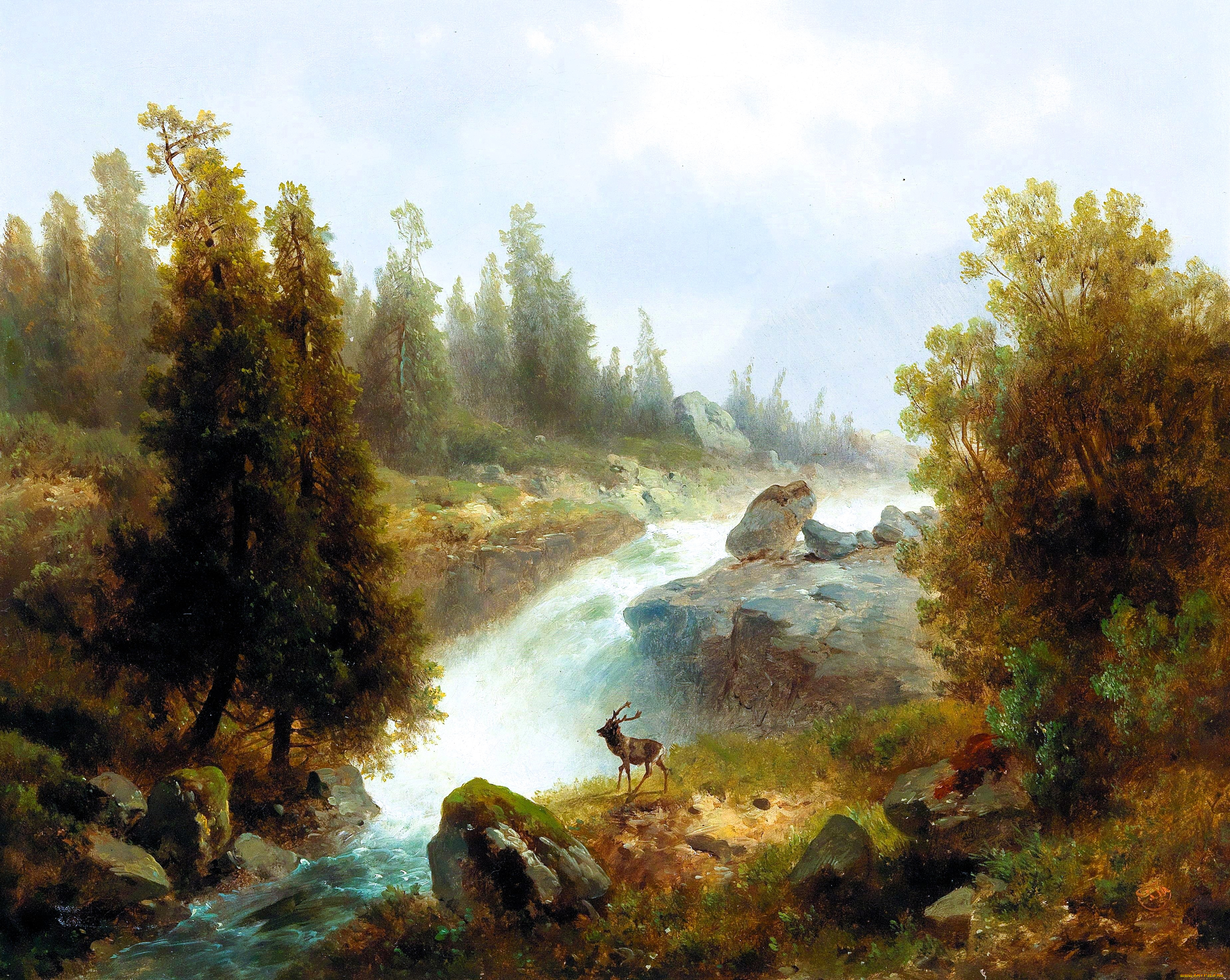 рисованное, josef, thoma, лес, деревья, река, осень, камни, олень