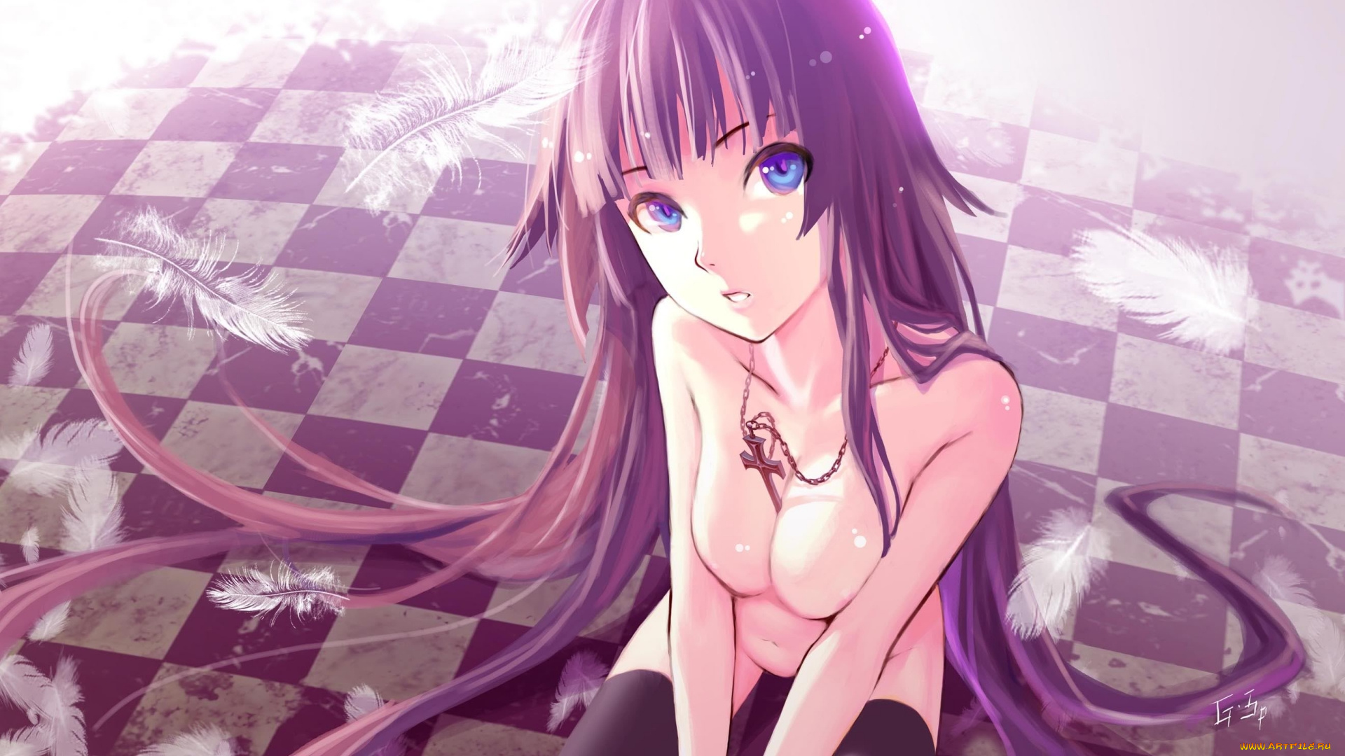 аниме, bakemonogatari, senjougahara, hitagi, девушка, клетчатый, пол, крест, перья, чулки