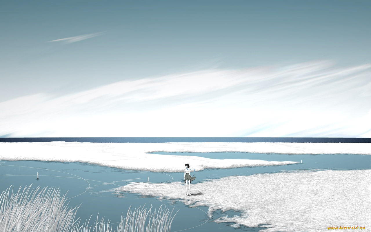 аниме, *unknown, другое, девушка, поле, облака, трава, вода