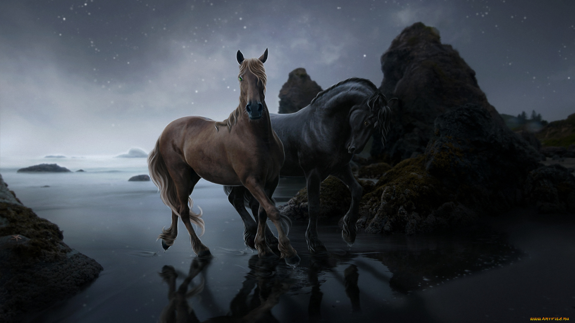 3д, графика, animals, животные, кони, камни, вода