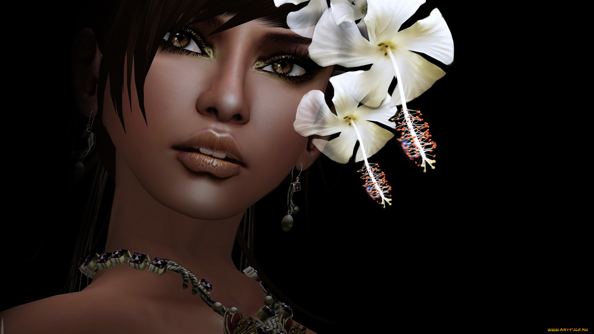3д, графика, portraits, портрет, девушка, мулатка, цветы, гибискус