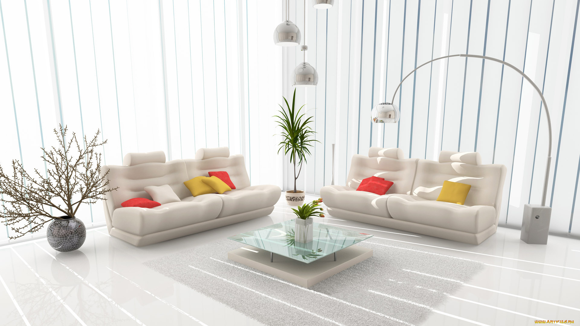 3д, графика, realism, реализм, растения, подушки, диван, лампа, ваза, столик