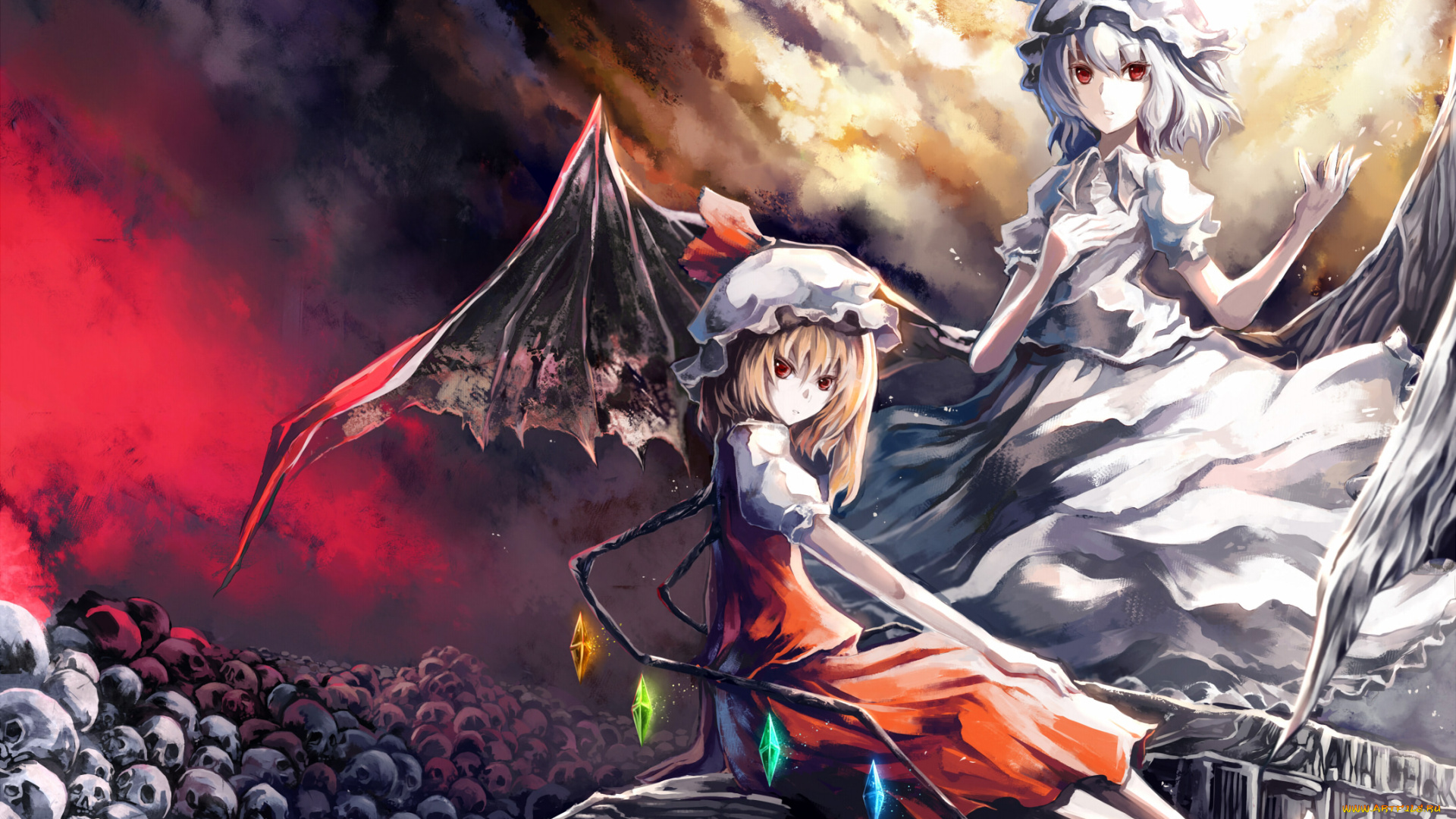 аниме, touhou, черепа, фландрэ, ремилия, девушки, небо