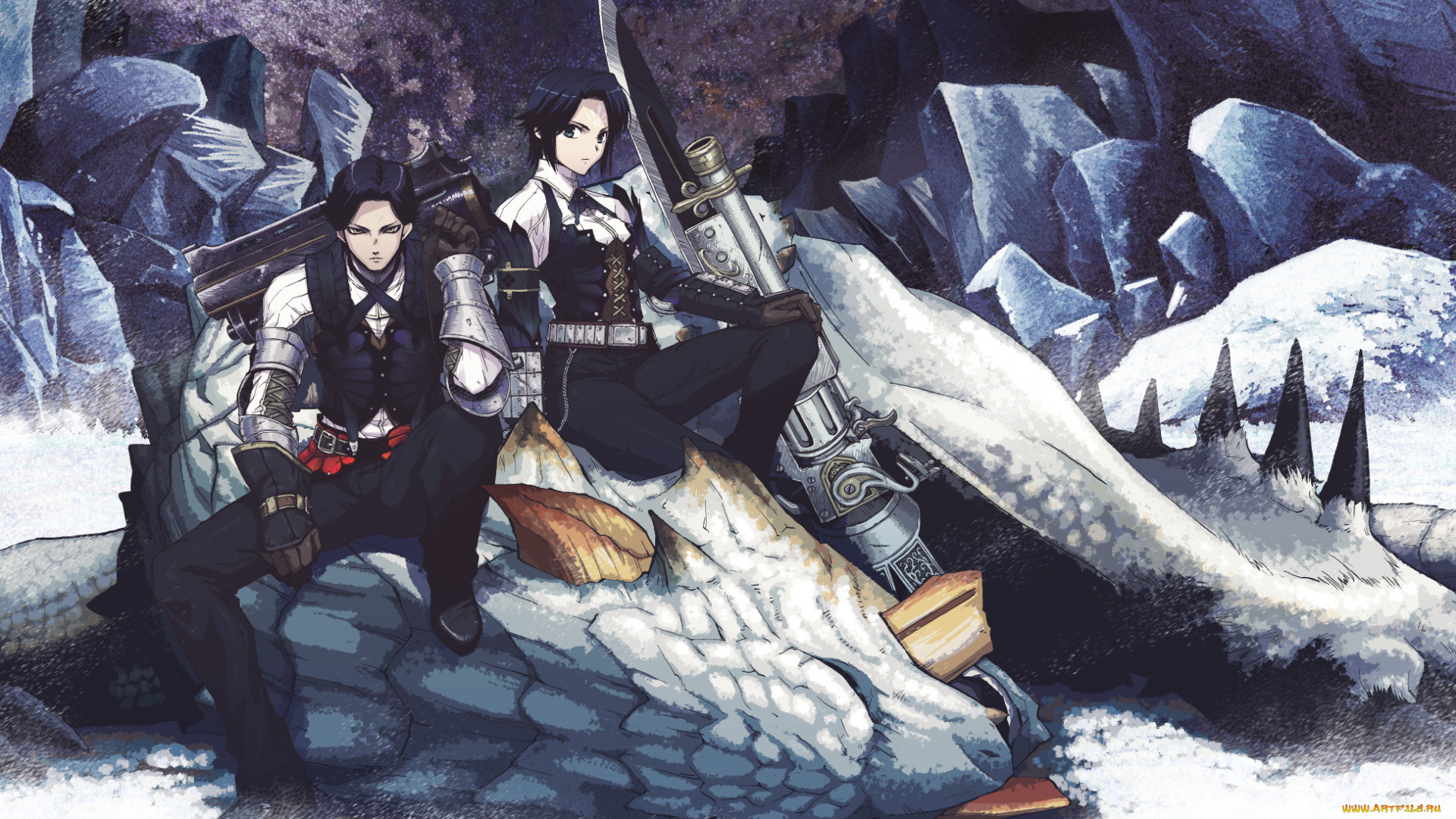 аниме, weapon, blood, technology, добыча, монстр, девушка, парень, anime, monster, hunter