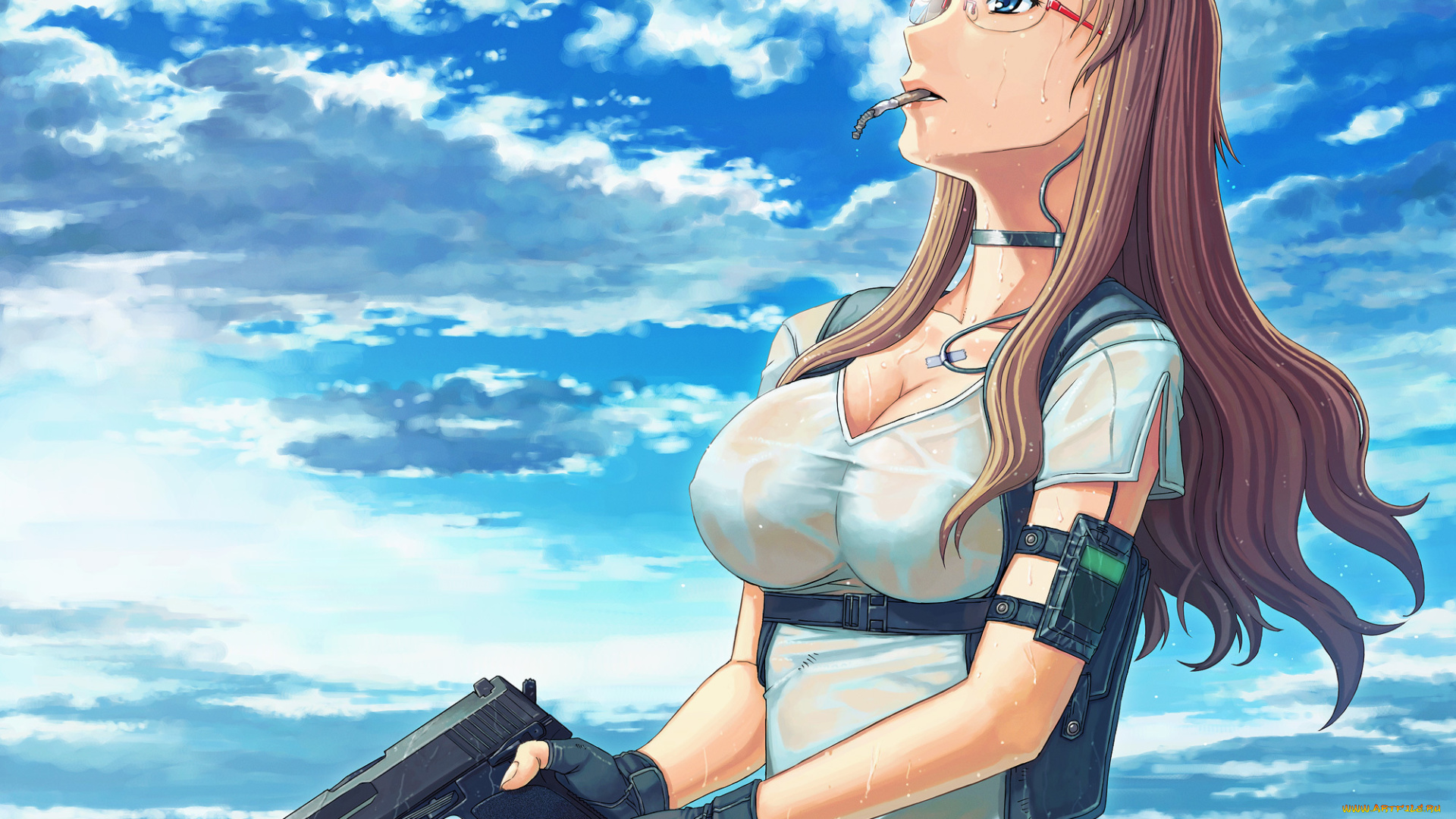 аниме, weapon, blood, technology, itou, очки, пистолет, сигарета, оружие, девушка