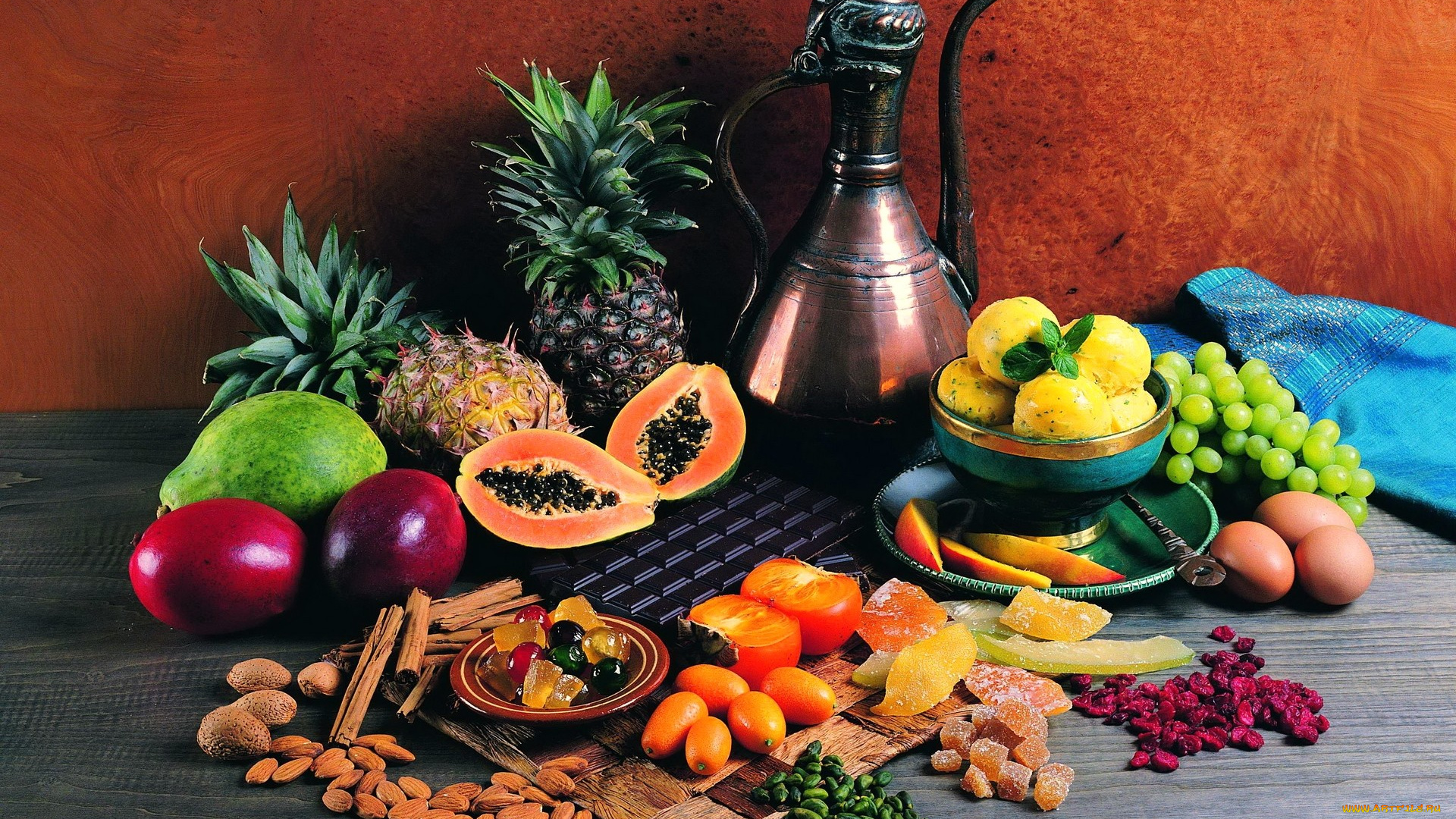 еда, натюрморт, кувшин, папайя, ананас, орехи, мороженое, манго, сухофрукты