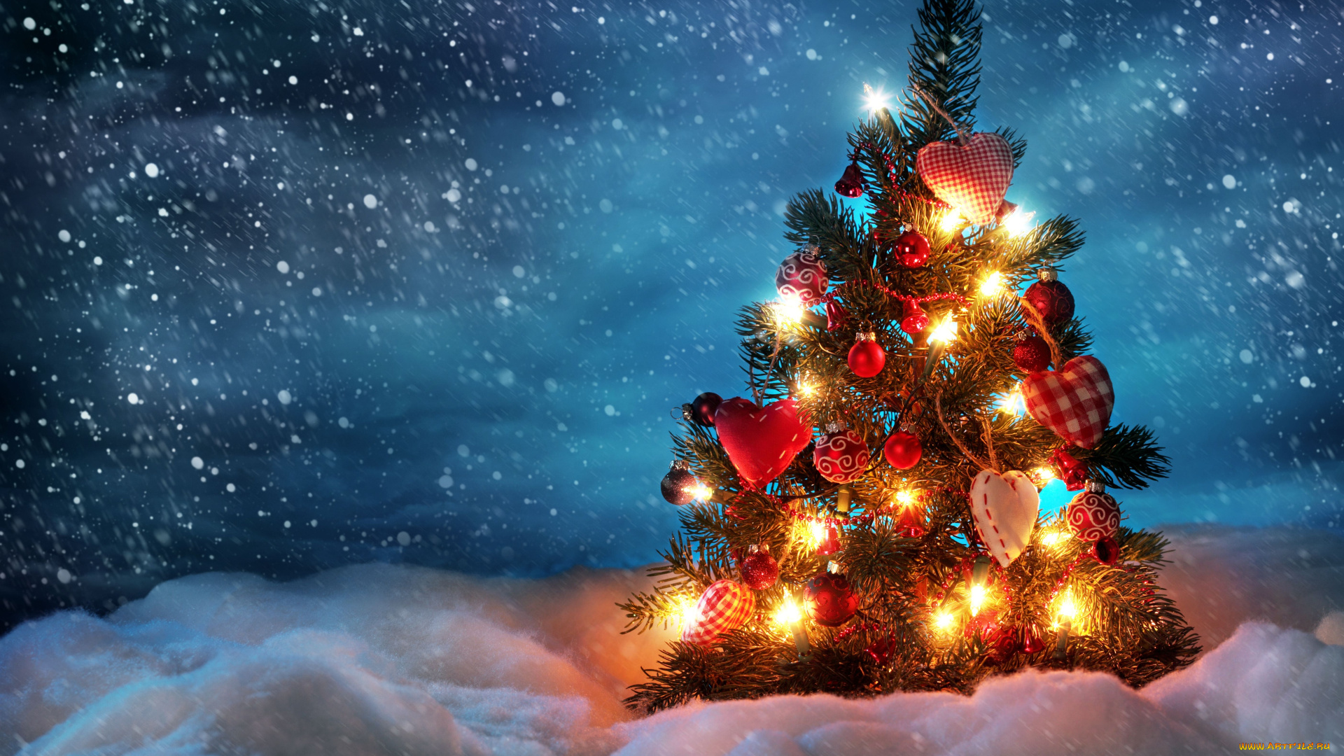 праздничные, Ёлки, снег, сердечки