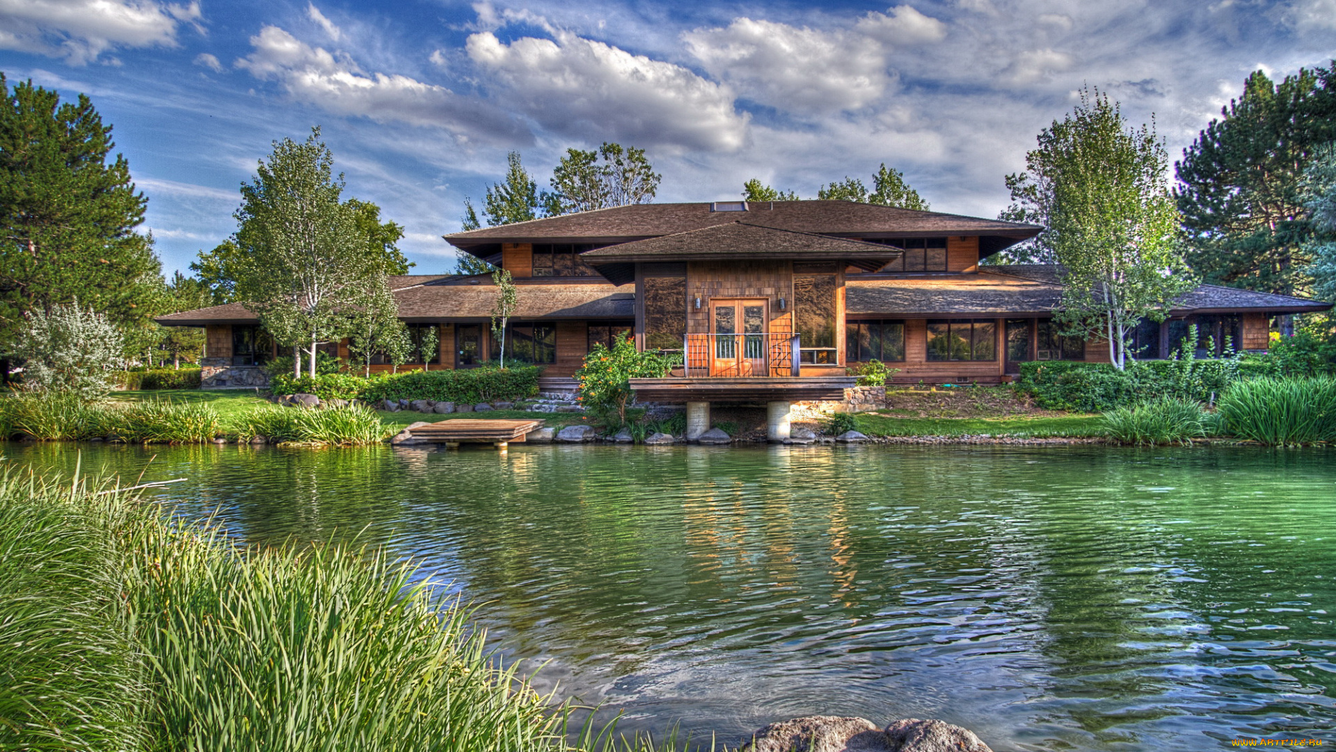 природа, реки, озера, облака, деревья, дом, озеро