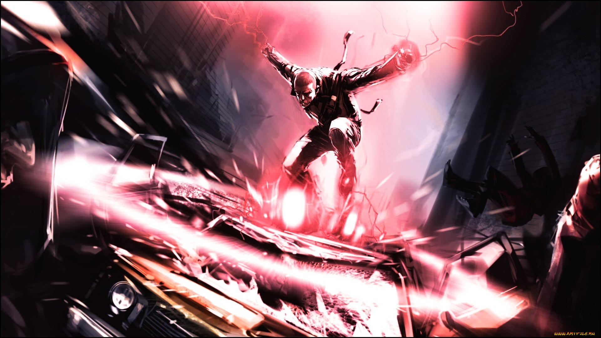 видео, игры, infamous, капюшон, бандиты, молния, машина, разбита