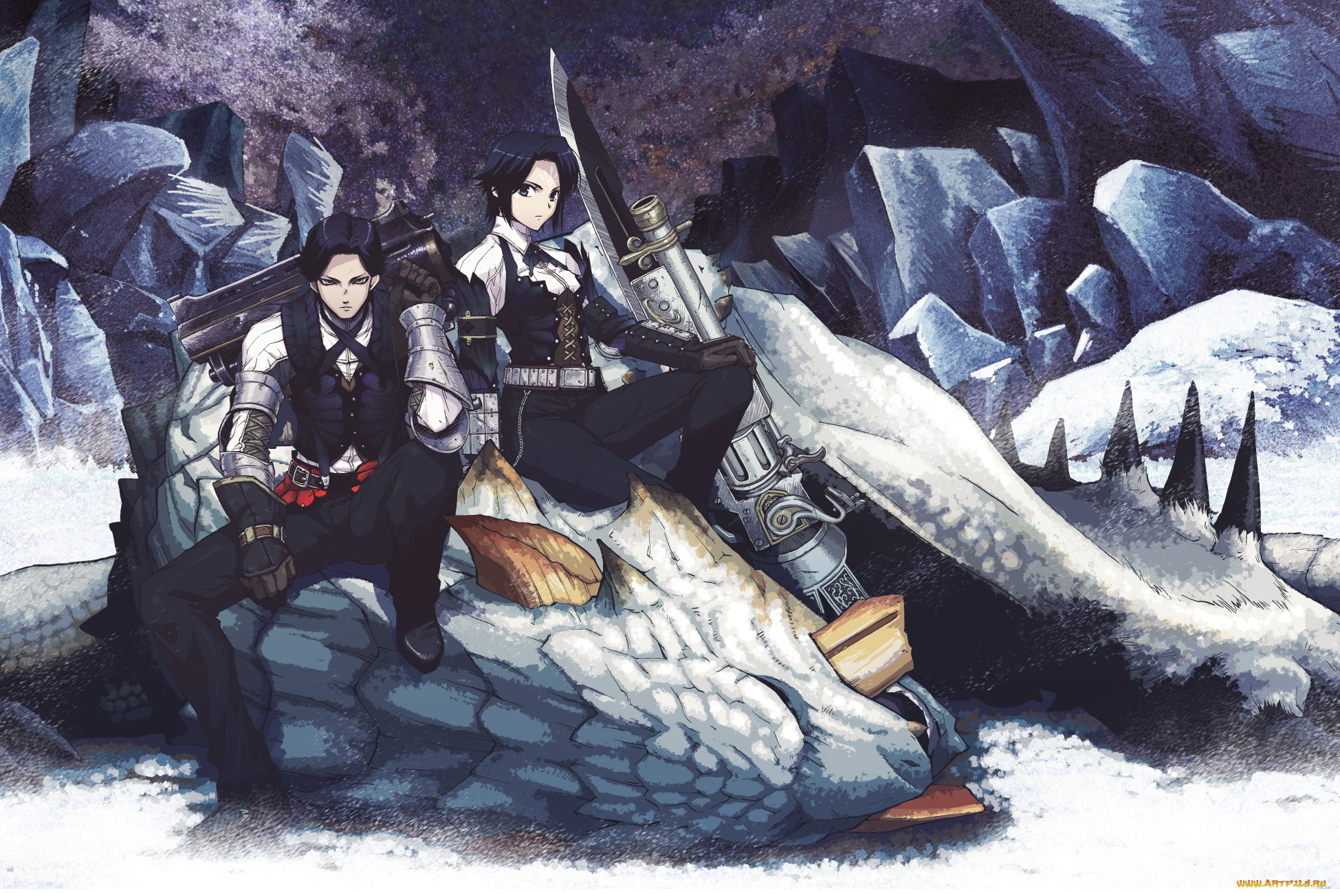 аниме, weapon, blood, technology, добыча, монстр, девушка, парень, anime, monster, hunter