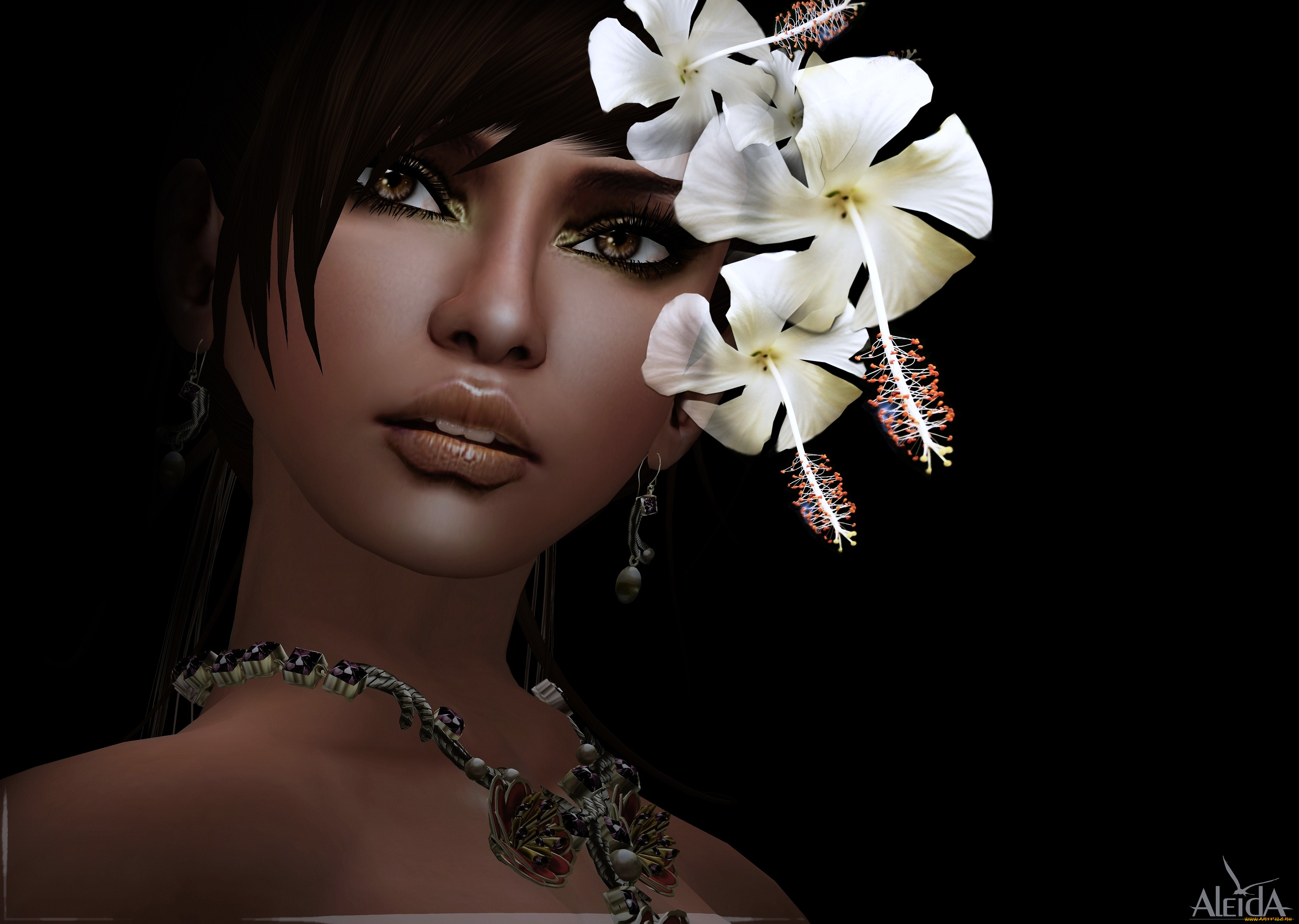 3д, графика, portraits, портрет, девушка, мулатка, цветы, гибискус