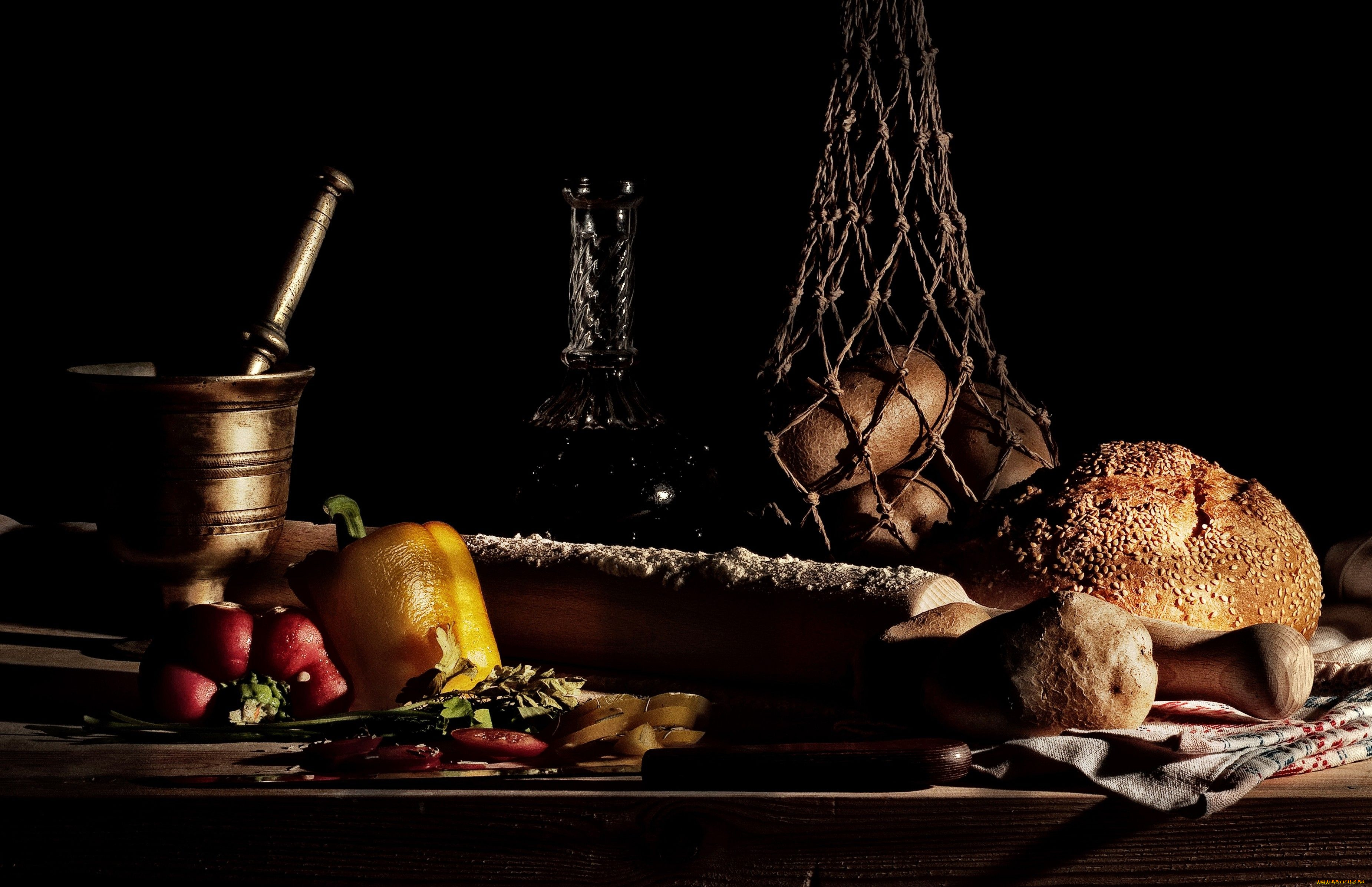 еда, натюрморт, перец, картофель, хлеб, ступка