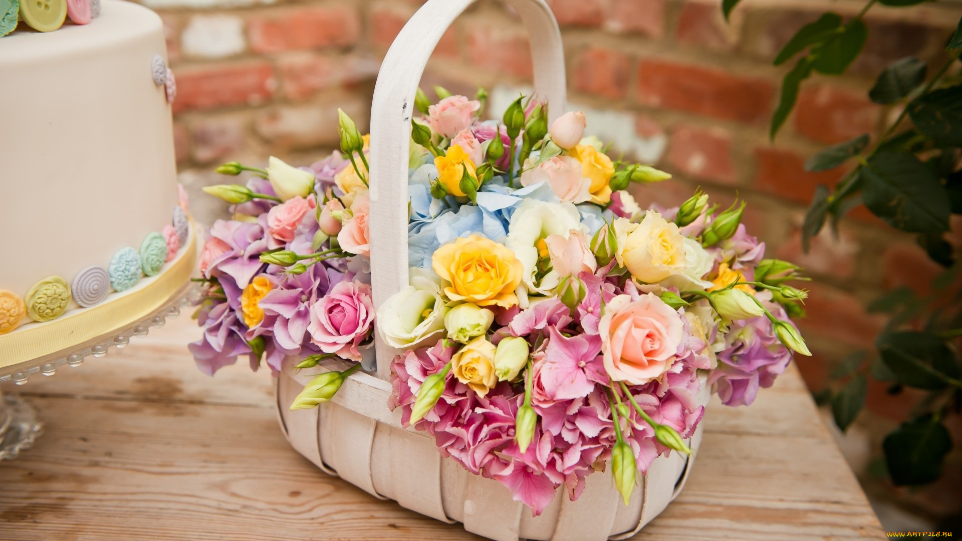 цветы, букеты, композиции, гортензия, корзинка, розы