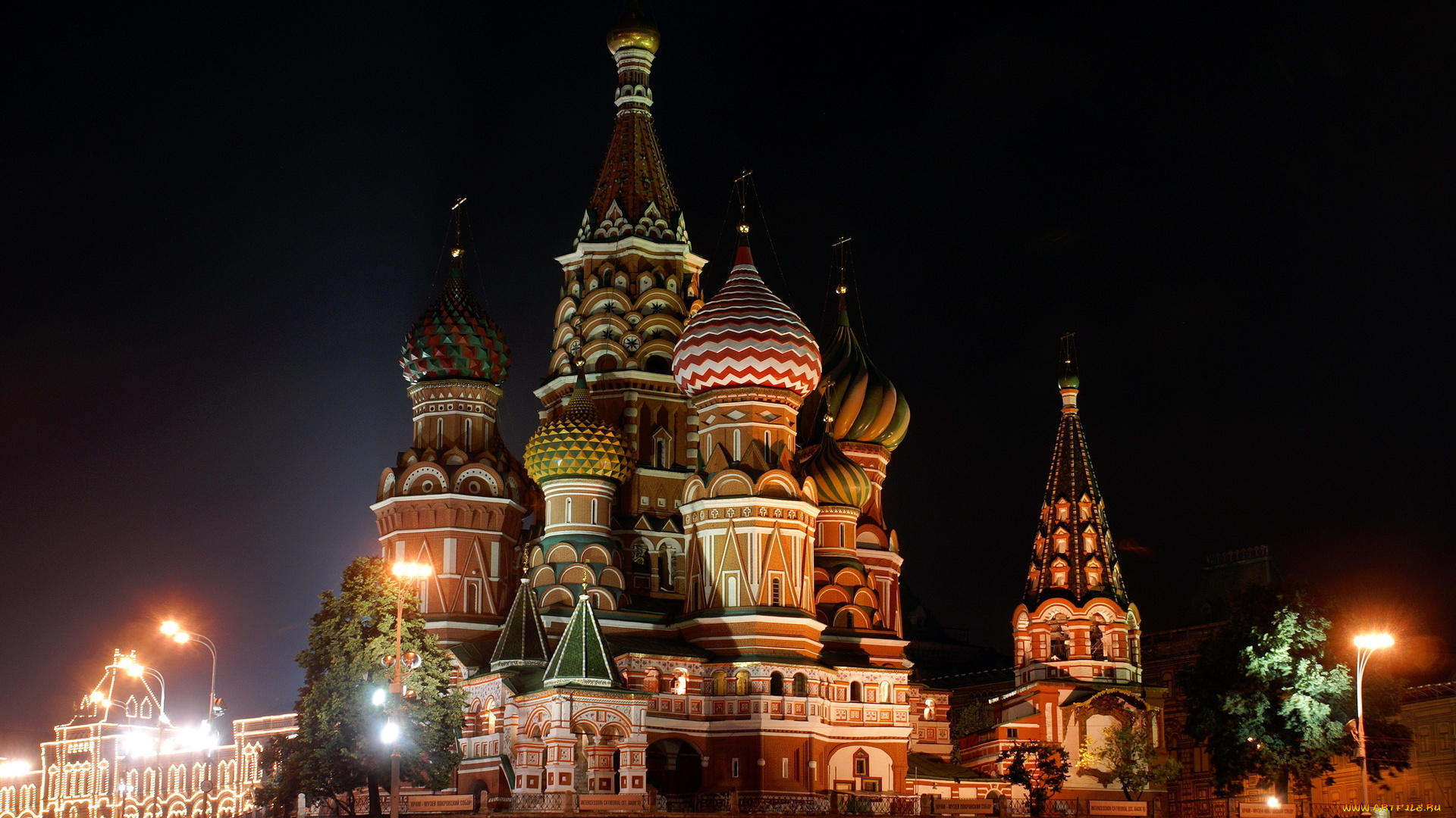 храм, василия, блаженного, города, москва, россия, ночь, красная, площадь