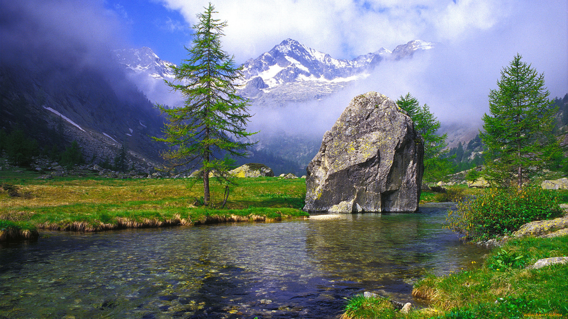 природа, реки, озера, глыба, дерево, трава, горы, река