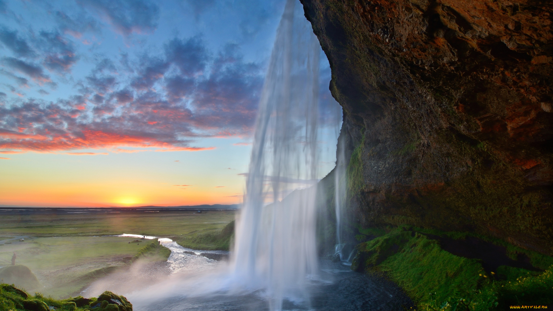 природа, водопады, закат, вода