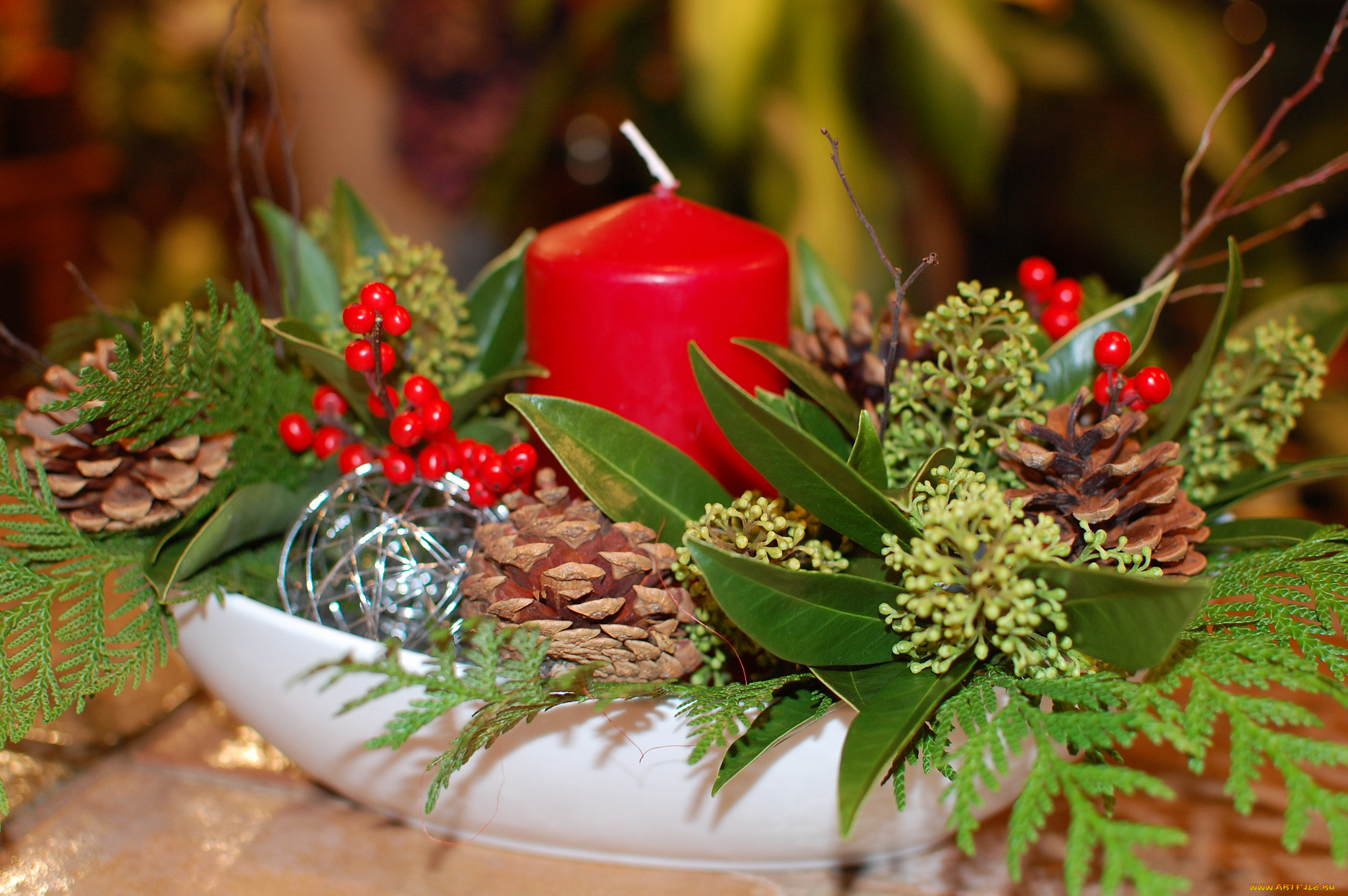 праздничные, новогодние, свечи, шишки, ягоды, свеча
