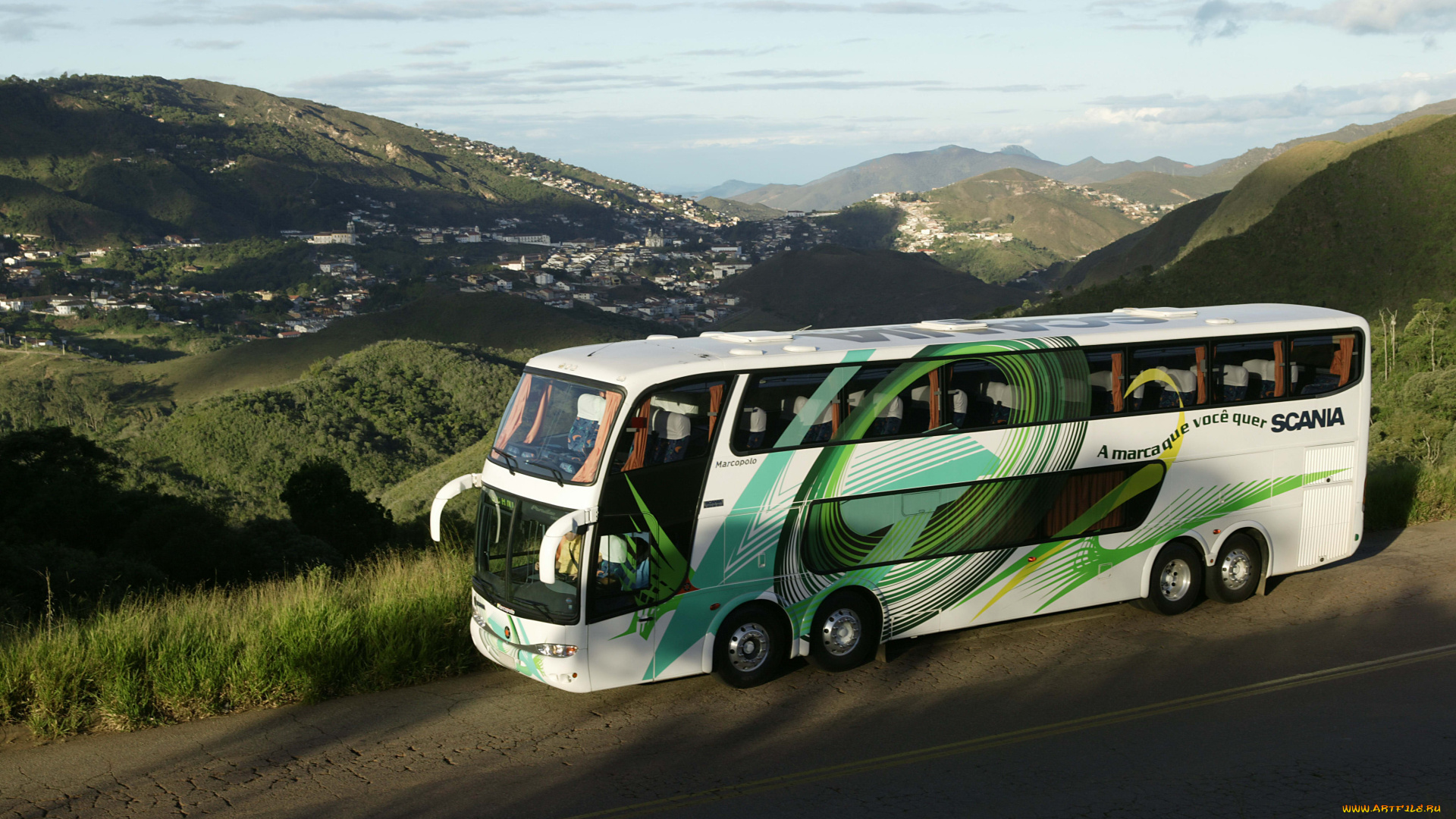 автомобили, автобусы, населенный, пункт, горы, дорога, автобус, небо