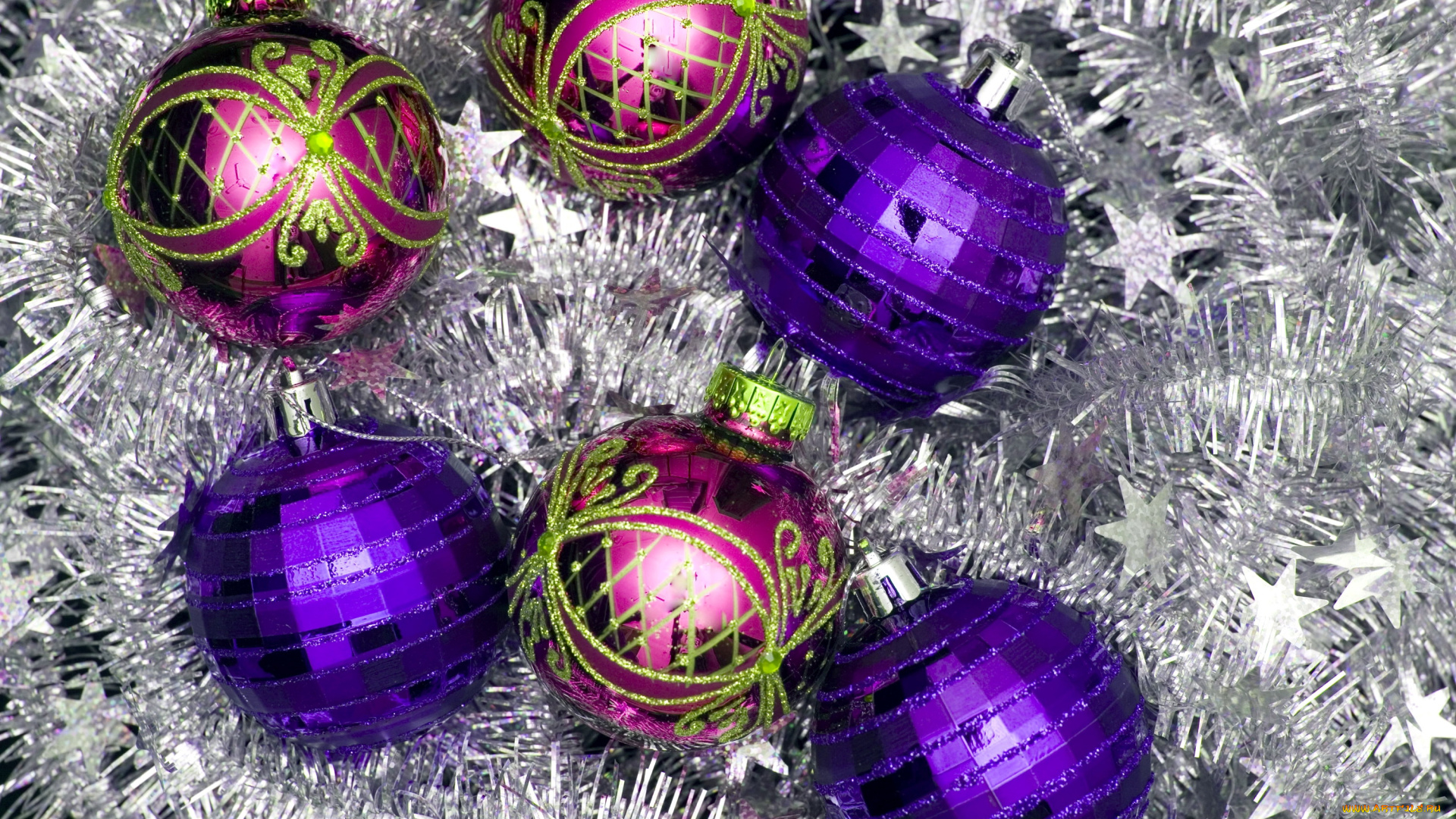 праздничные, шарики, мишура, сиреневый, серебристый