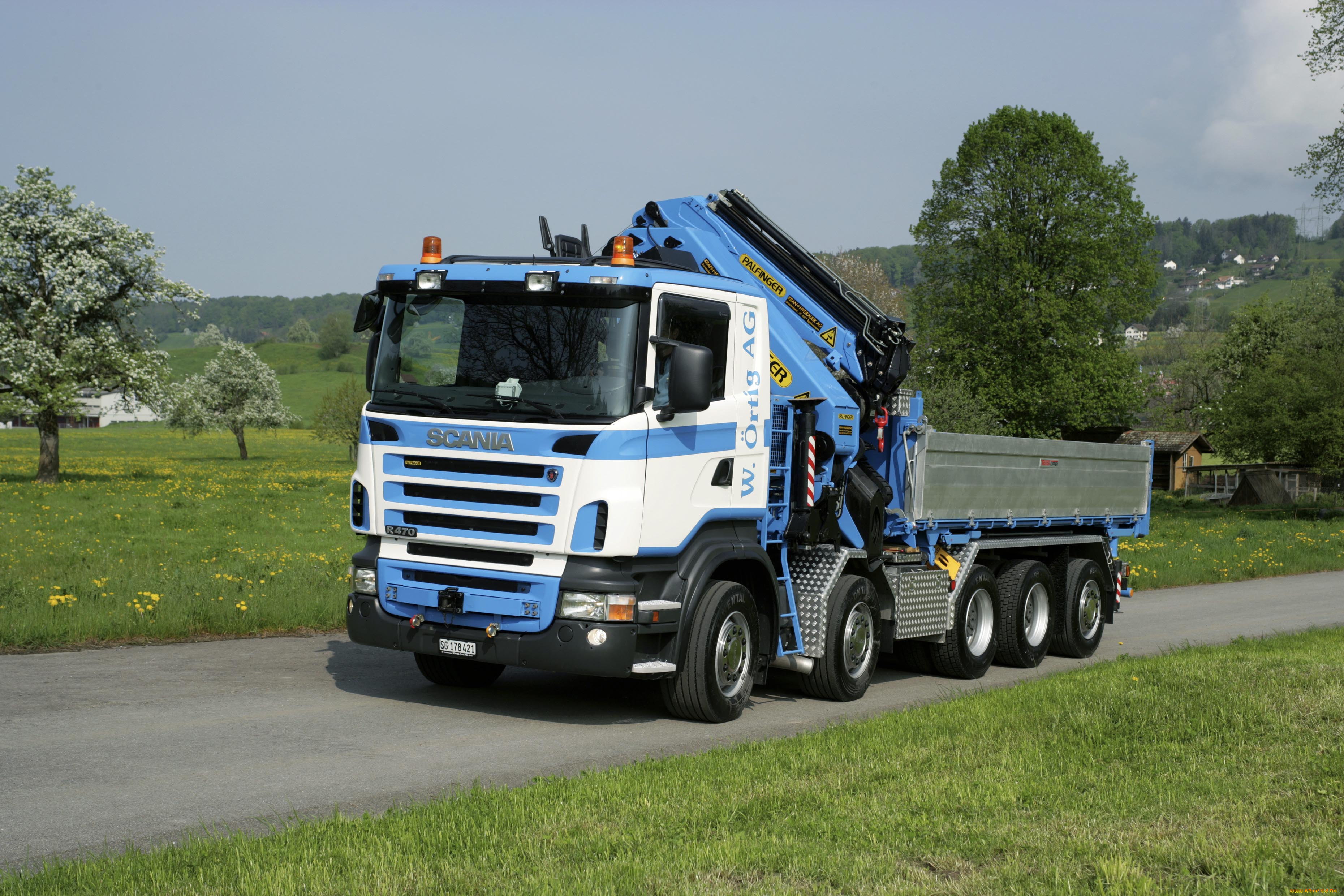 автомобили, scania, трава, дорога, грузовик, небо, деревья