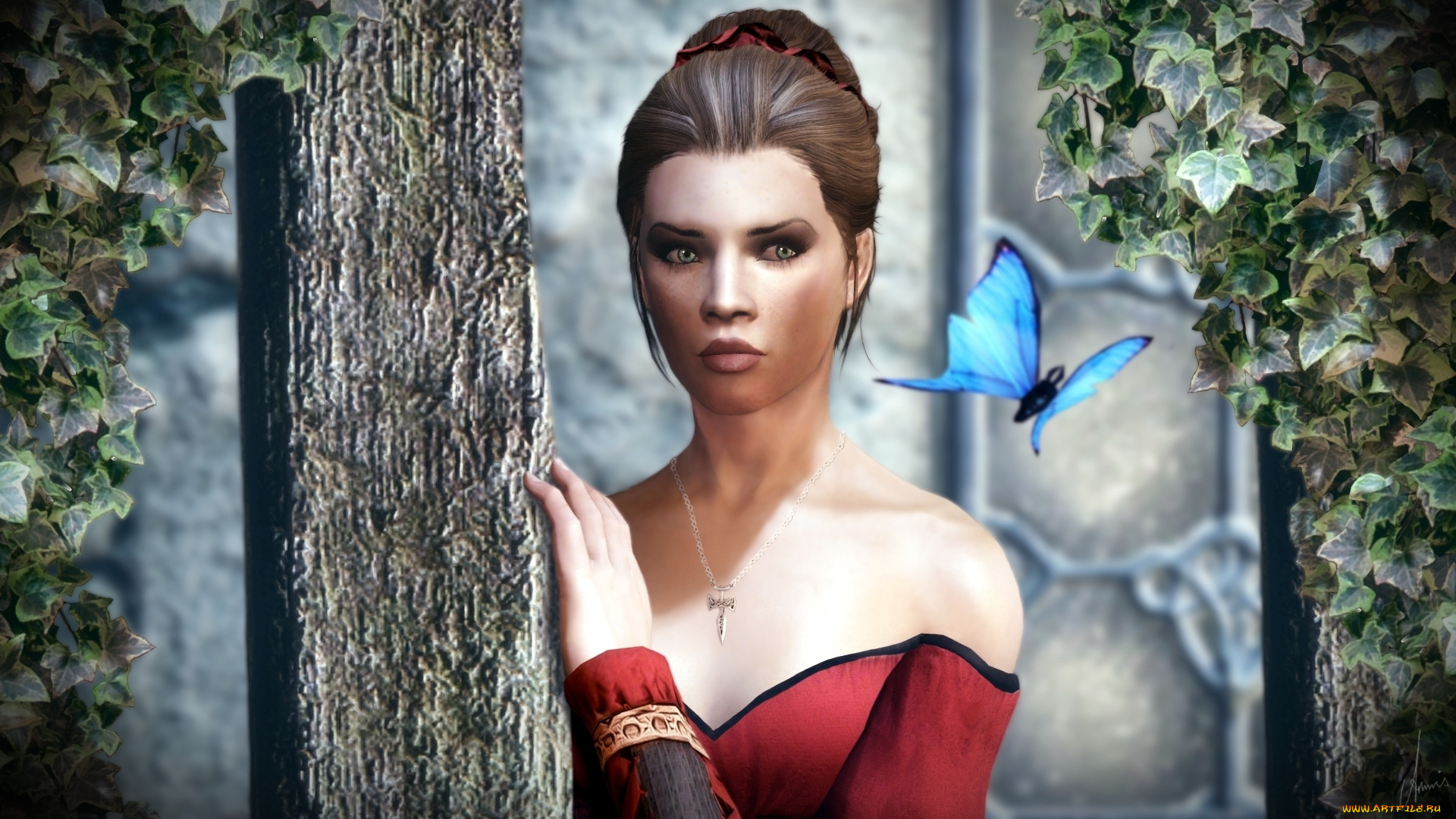 3д, графика, фантазия, , fantasy, бабочка, фон, взгляд, девушка