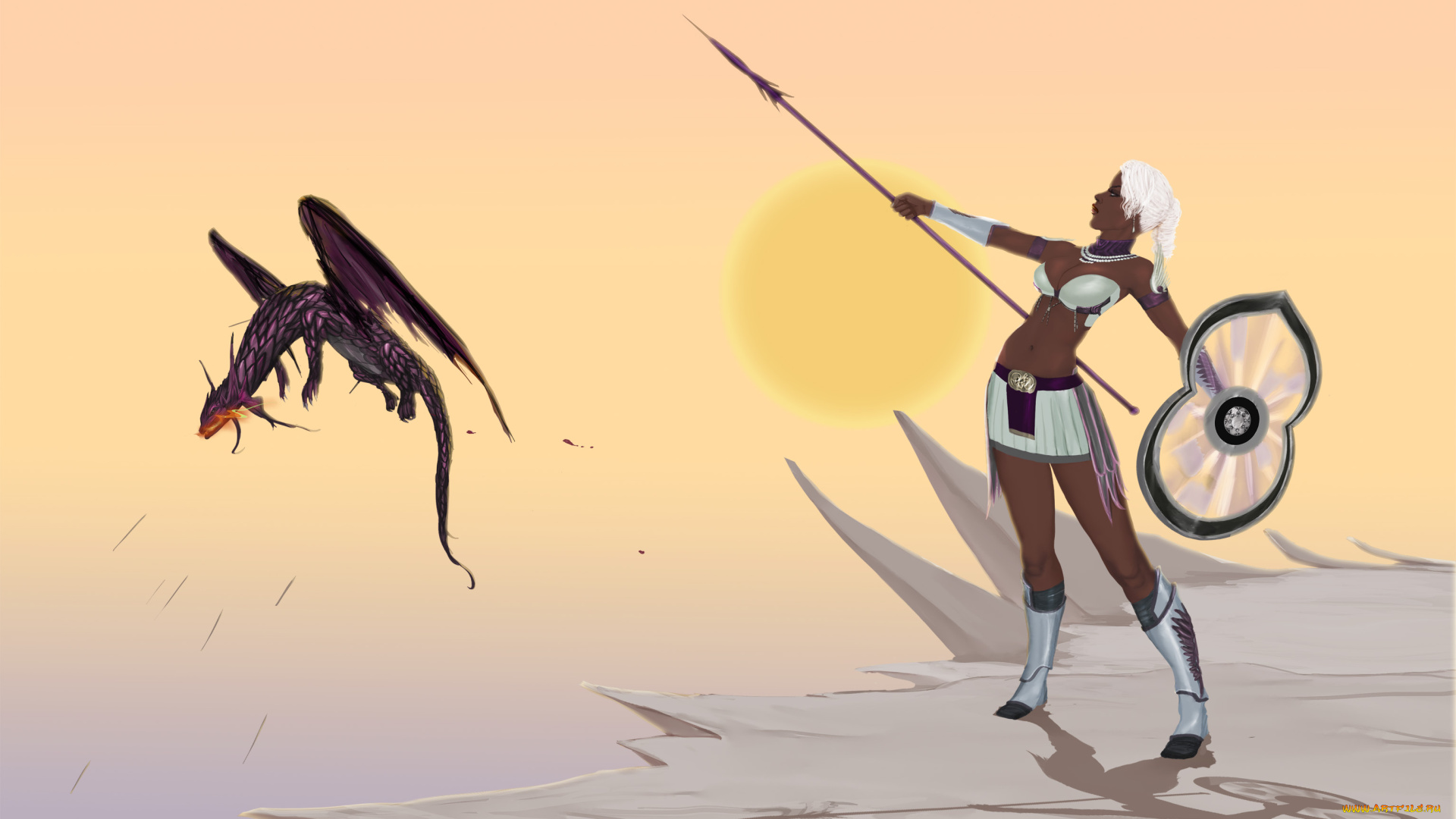 3д, графика, фантазия, , fantasy, девушка, копье, дракон, фон, взгляд