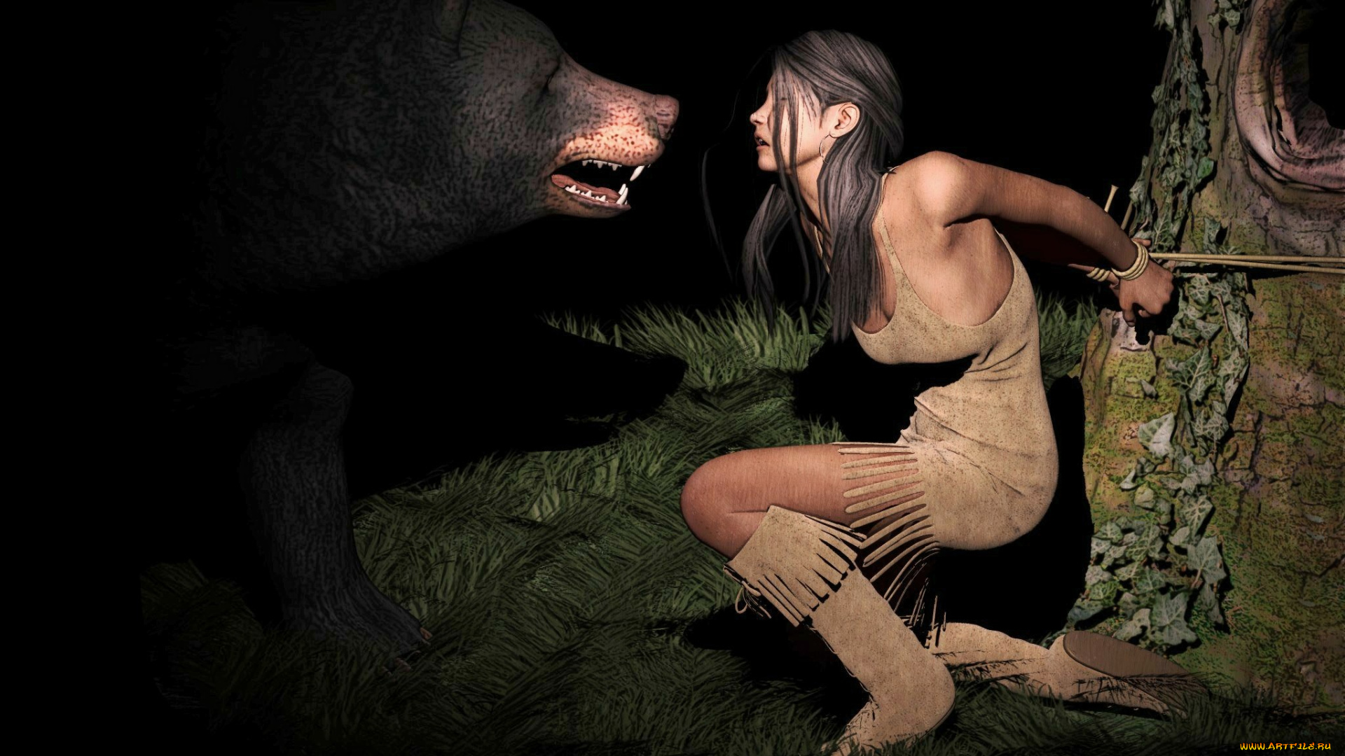 3д, графика, фантазия, , fantasy, веревка, меедведь, фон, взгляд, девушка