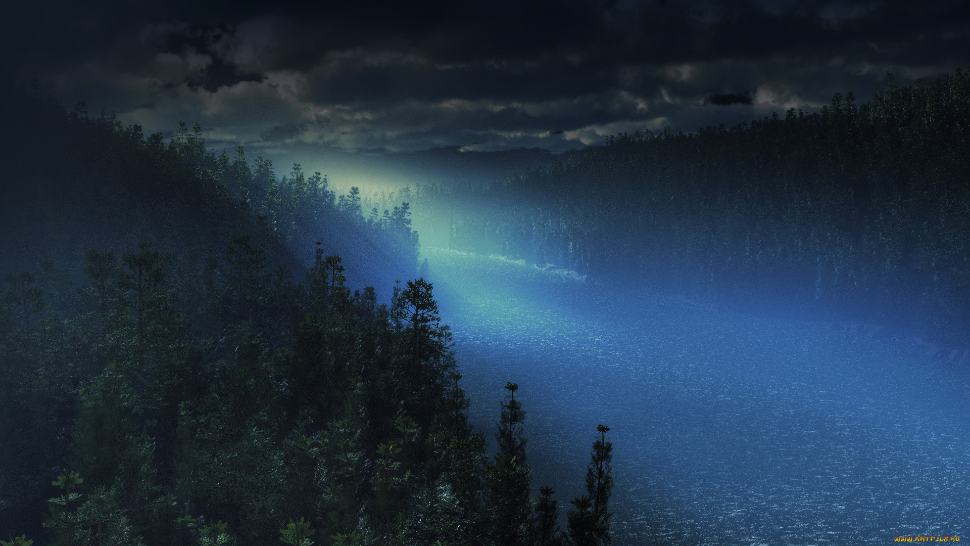 3д, графика, природа, , nature, лес, река, небо