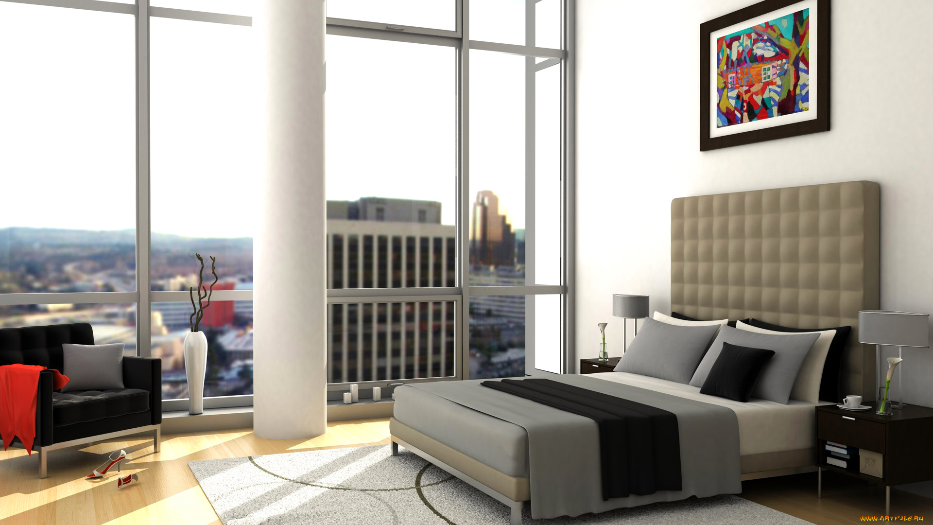 3д, графика, реализм, , realism, спальня, кровать, подушка, тумбочка, окно, картина